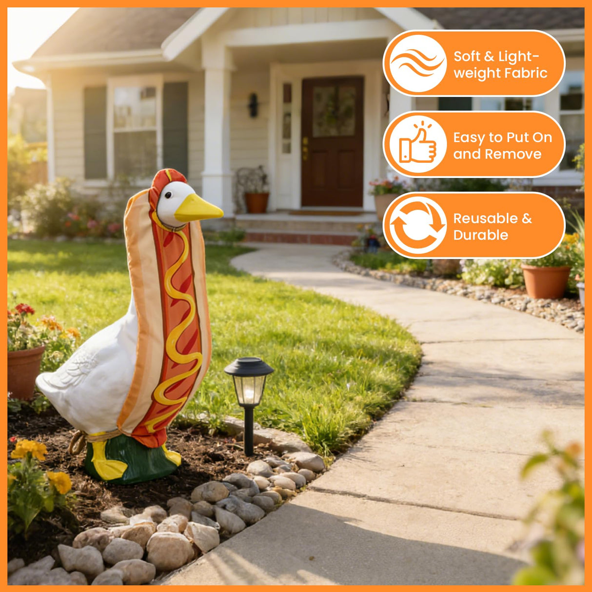 Bifrgmy Hot Dog Goose Outfit, Funny Porch Goose Clothes Costume, Fits 23 Inch Cement Plastic Goose Statue, Perfect for Outdoor Garden Yard Patio Art Decoration(Orange)