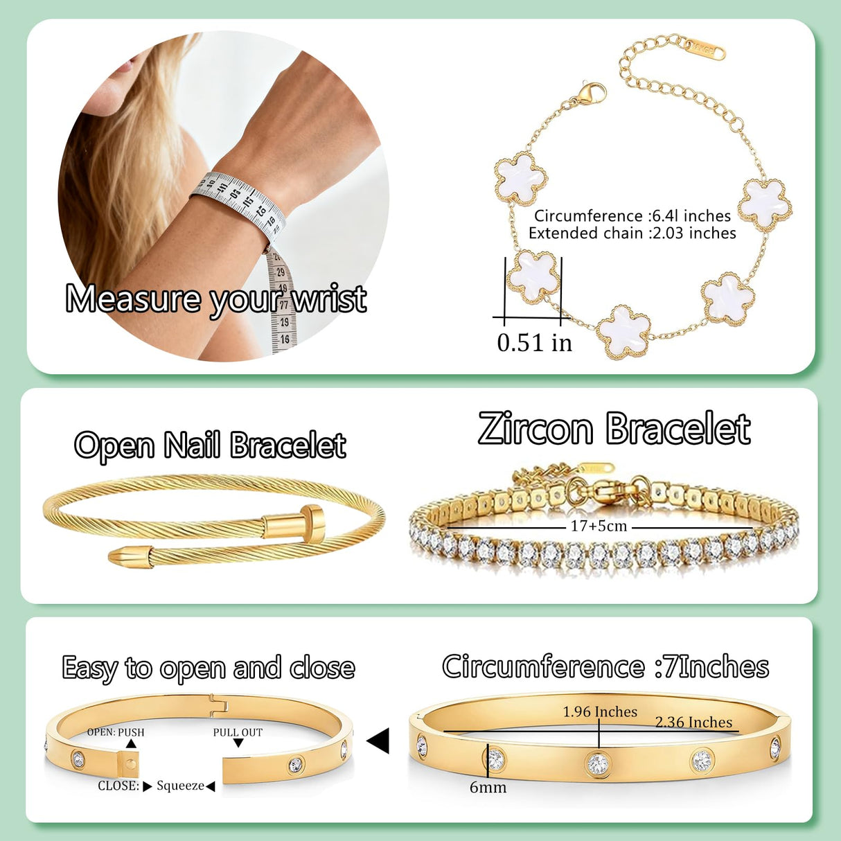 Gold Bracelets for Women, 18K Gold Plated Women Tennis Bracelets Clover Nail Love Bangle Bracelet Set, Gold Bracelet Stackable Set Trendy Jewelry, Gifts for Women's Day and Mother's Day (04-Color-white)