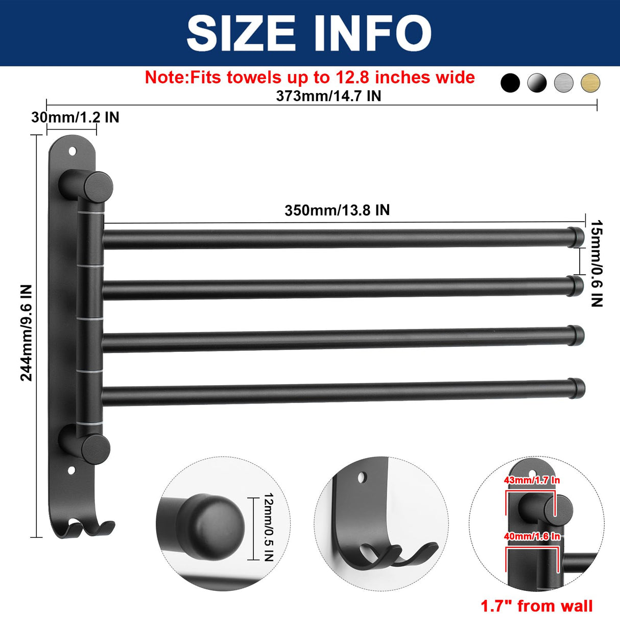 NearMoon Swivel Towel Rack, 13.8" Thicken 304 Stainless Steel 4-Arm Towel Bar, Space Saving Wall Mounted Towel Holder with Hook, Rustproof Swing Out Towel Hanger for Bathroom, Kitchen (Matte Black)