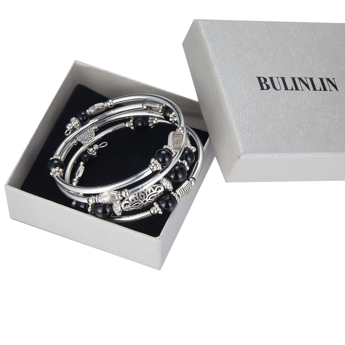 BULINLIN Layered Wrap Bangle Turquoise Bracelet - Bead Bracelet with Natural Agate Stone, Gifts For Women (03-Black)