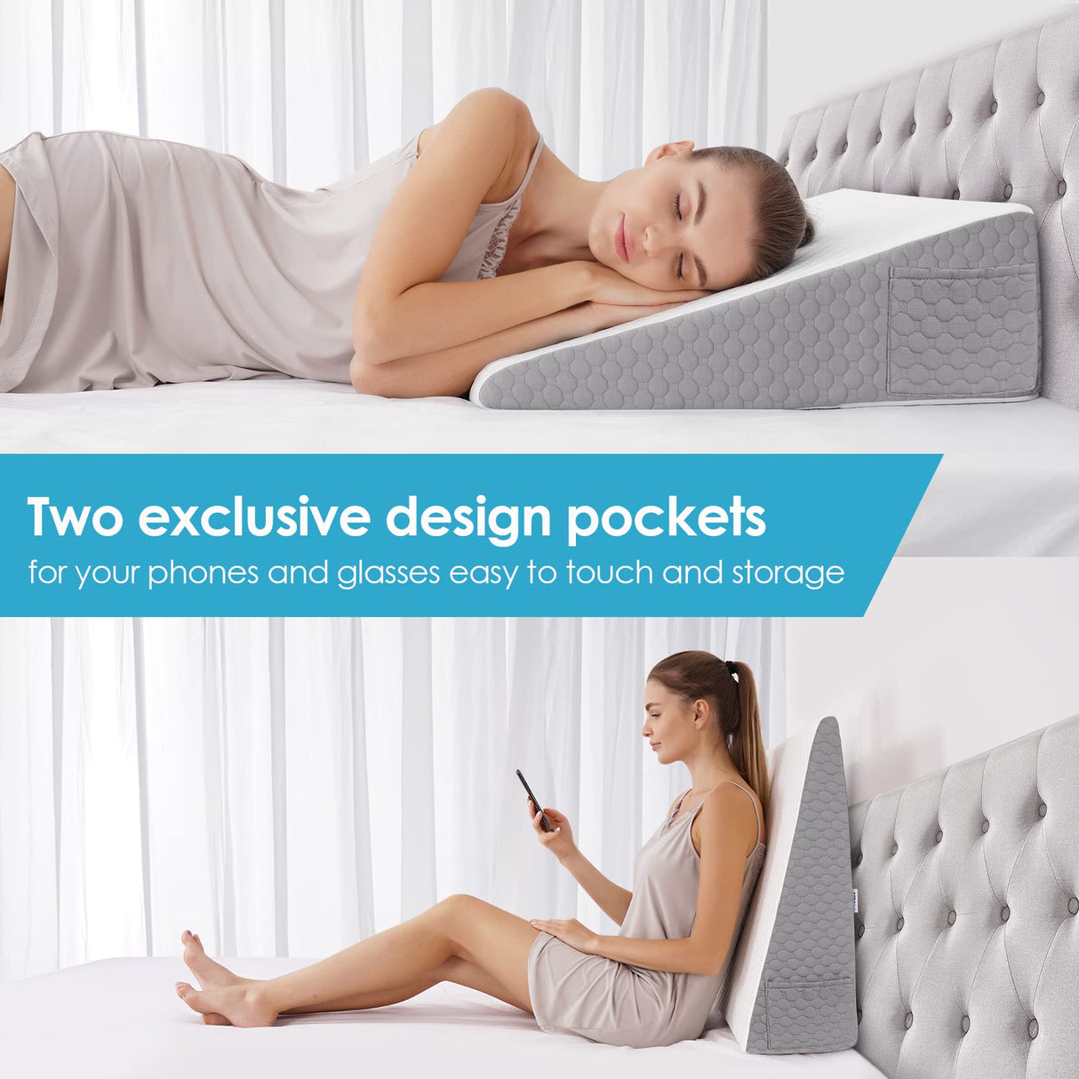 Forias 7.5" Wedge Pillow for Sleeping Bed Wedge Pillow for After Surgery Triangle Elevated Pillow Wedge for Acid Reflux Gerd Snoring Back Pain, Air Layer Removable Machine Wash Cover | Memory Foam Top