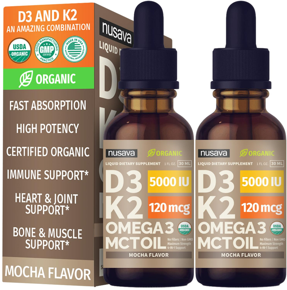 (2 Pack) Organic Vitamin D3 K2 Drops with MCT Oil Omega 3, 5000 IU, Maximum Strength Vitamin D Liquid, No Fillers, Non-GMO Liquid D3 for Faster Absorption and Immune Support (Mocha, 2 Fl Oz)