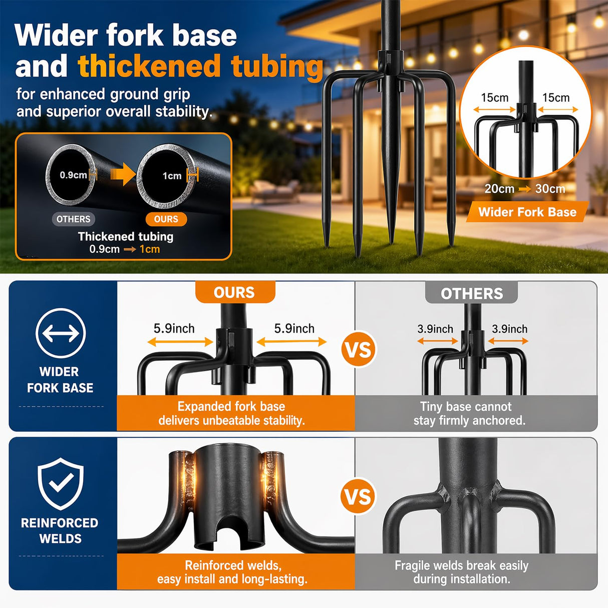 MuliVid 6 Pack 9FT String Light Poles for Outdoor,Metal Lights Hanging Pole Outside with Fork,Light Stand for Patio, Pergola, Garden, Backyard, Yard, Camping Party