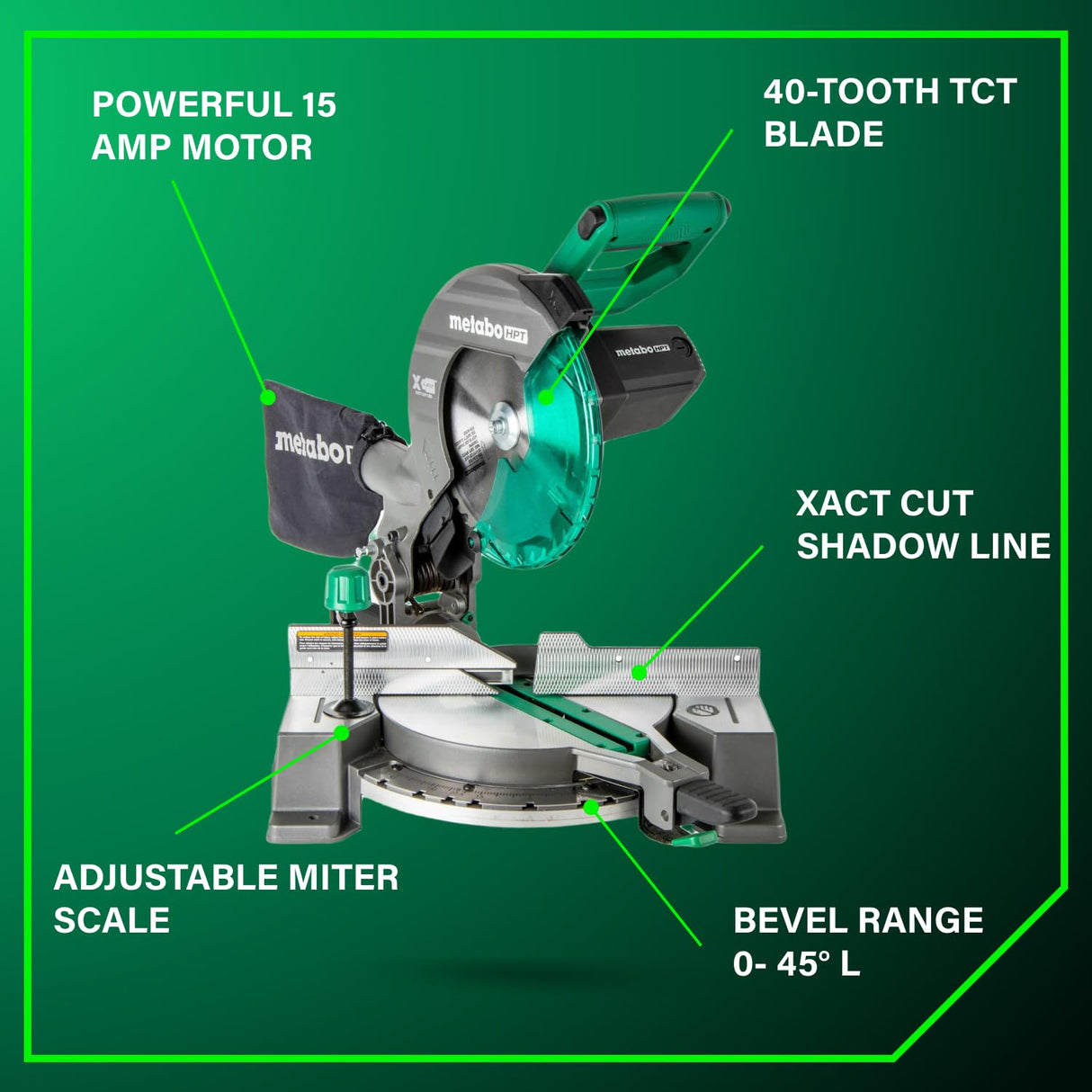 Metabo HPT 10-Inch Compound Miter Saw, 15-Amp Power Saw with Large 10-Inch Table, Precision Miter Angles, Single Bevel 0-45°, 24T TCT Blade, Positive Stops, Lightweight Design, C10FCGS