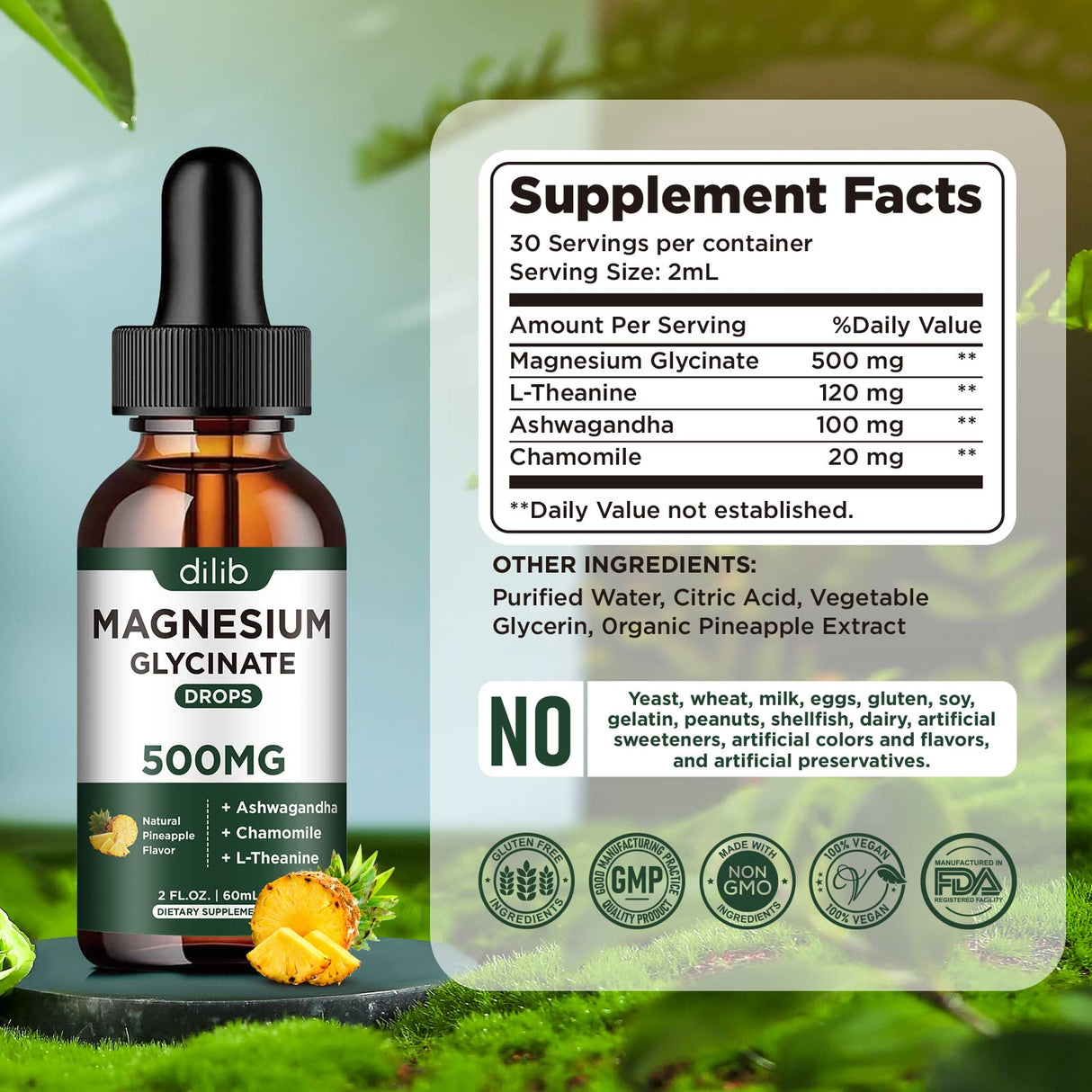 dilib Magnesium Glycinate 500mg - Liquid Magnesium Drops, Ashwagandha, L - Theanine, Chamomile - Calm & Stress Relief, Relaxation, Restful Sleep, Muscle Heart Health, Vegan - 2 Fl Oz (30 Days)
