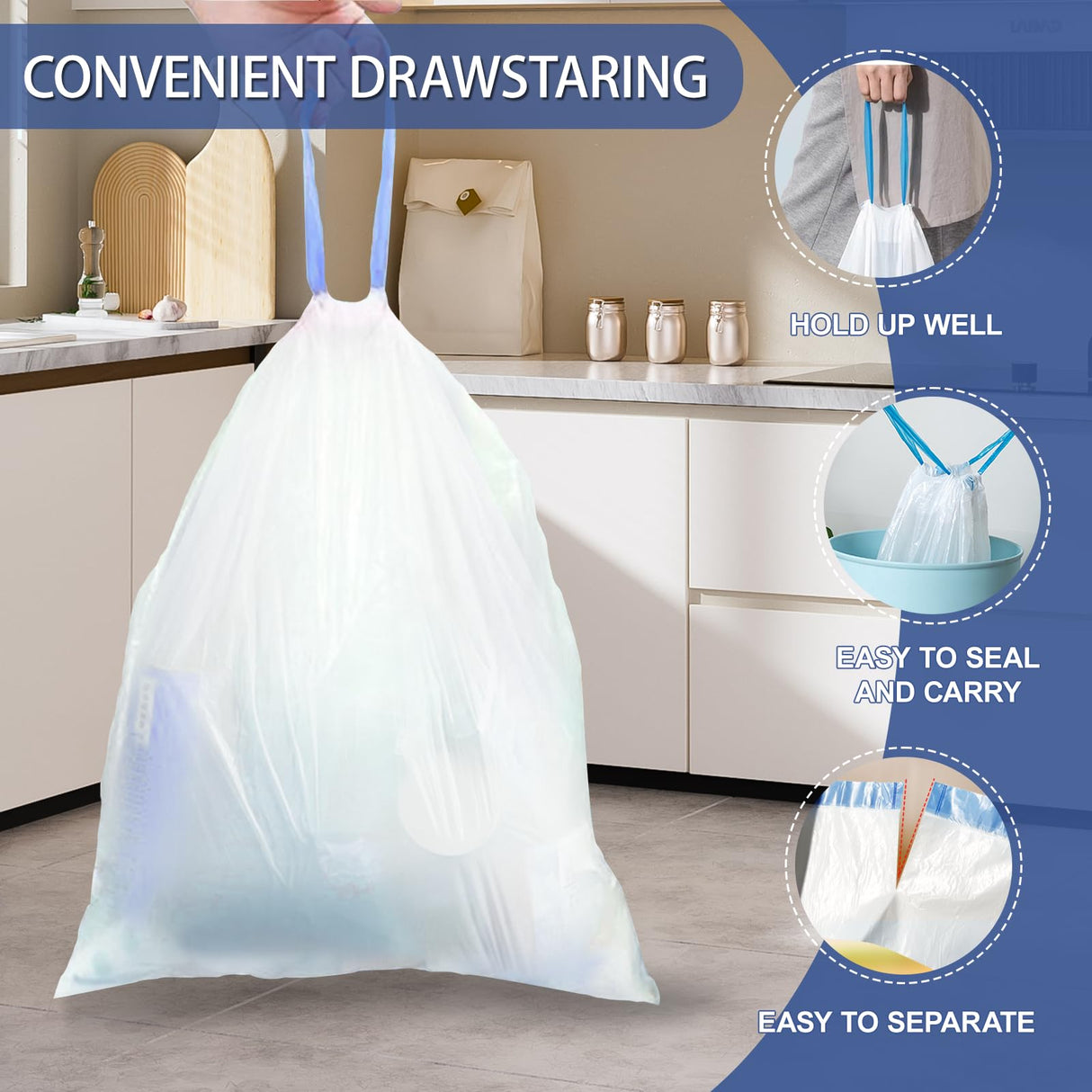 T.FORING 18 Gallon Trash Bags with Drawstring - 120 Count Heavy Duty 1.25 Mil Garbage Bags 68 Liter Tall Kitchen Bin Liners Unscented White for Home Yard Lawn