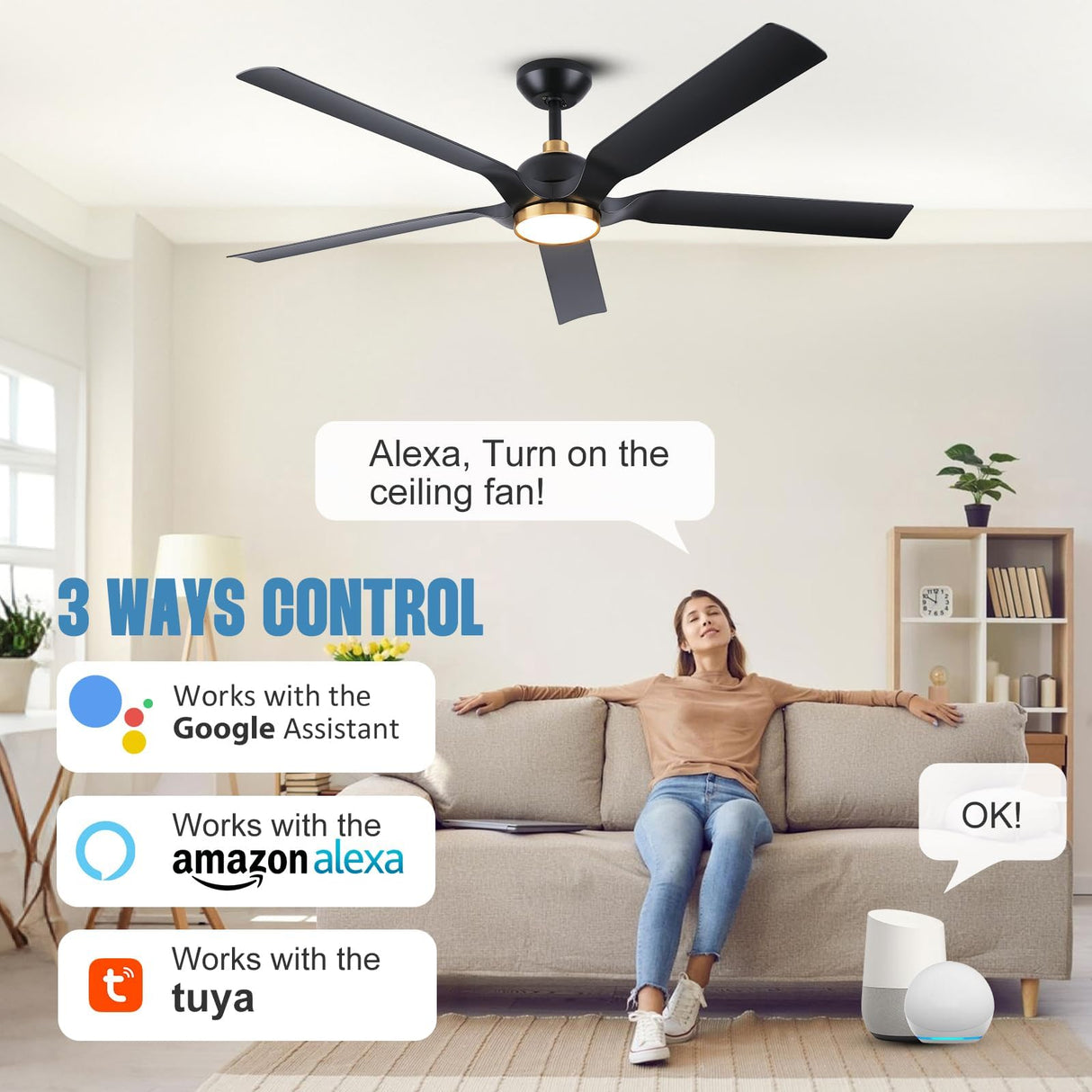 Black Gold Modern Ceiling Fans with Quiet Reversible DC Motor, Smart Ceiling Fan with Remote/App/Alexa Control, Damp-Rated Fan for Indoor Exterior Patios Porch Gazebo