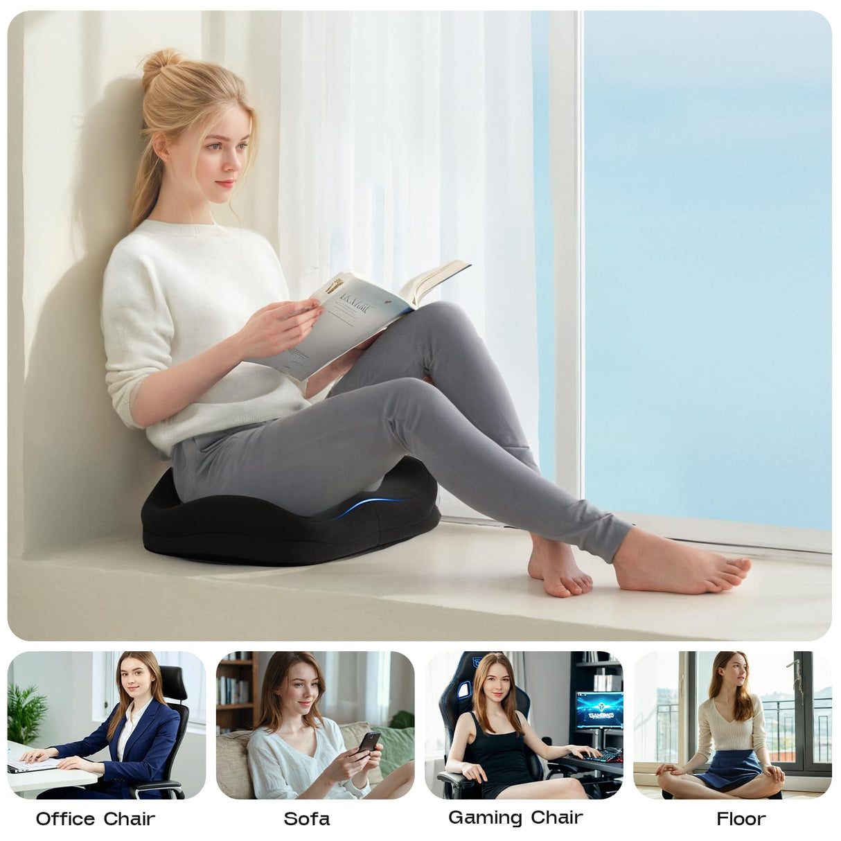 ZZ-WELL Seat Cushions for Office Chairs - Patented Coccyx Cushion for Tailbone Pain - 21.2" W x 16.5" L Extra Large Memory Foam Seat Cushion with Removable Cover