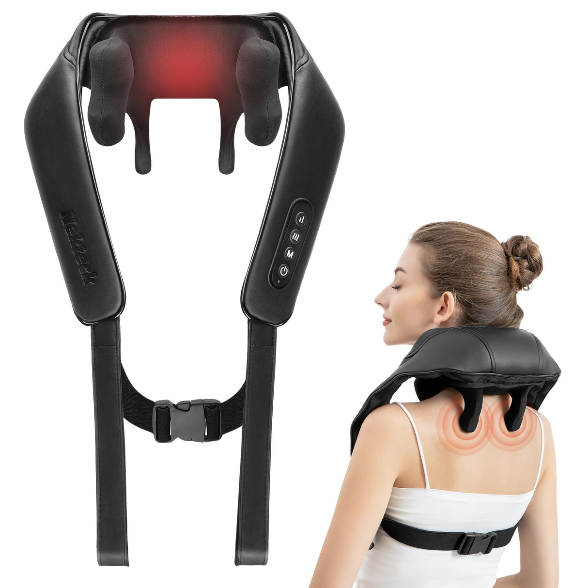 Nekteck Neck Massager, Cordless 6D Shiatsu Neck and Back Massager, Neck Massager for Pain Relief Deep Tissue, Ideal Gift for Men and Women, Ideal for Home, Office and Car, with Heat, Black