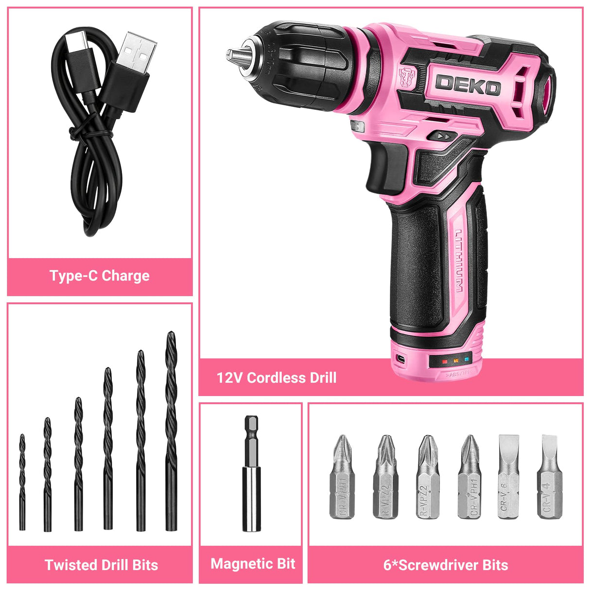 Cordless Drill:DEKOPRO 12V Power Drill Set with Pink 800RPM Electric Drills with Tool Set Gift Box, Pink Drill Set for Women