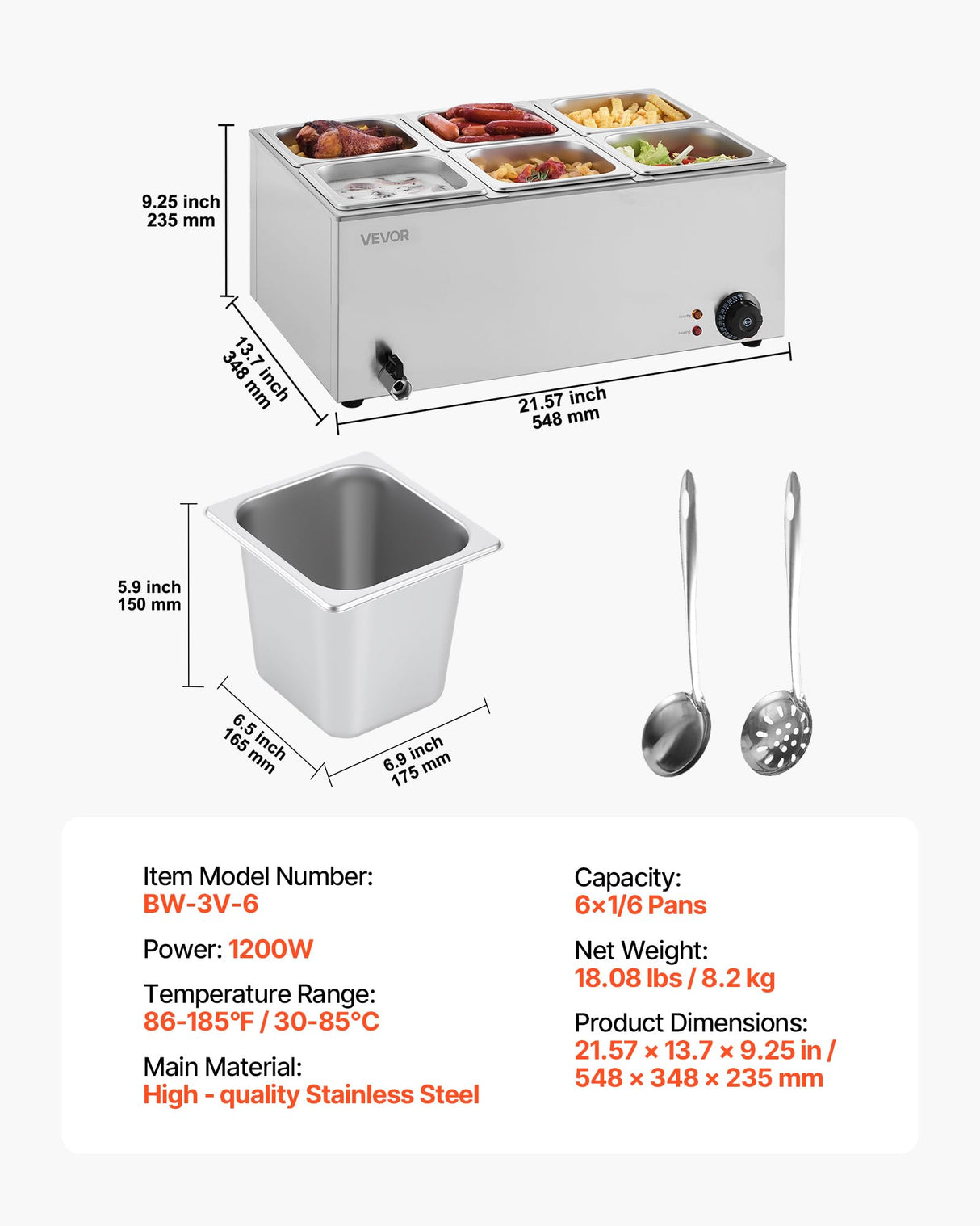 VEVOR 6-Pan Commercial Food Warmer, 24QT Electric Steam Table, 1200W Professional Countertop Stainless Steel Buffet Bain Marie with 86-185°F Temp Control for Catering and Restaurants, Silver