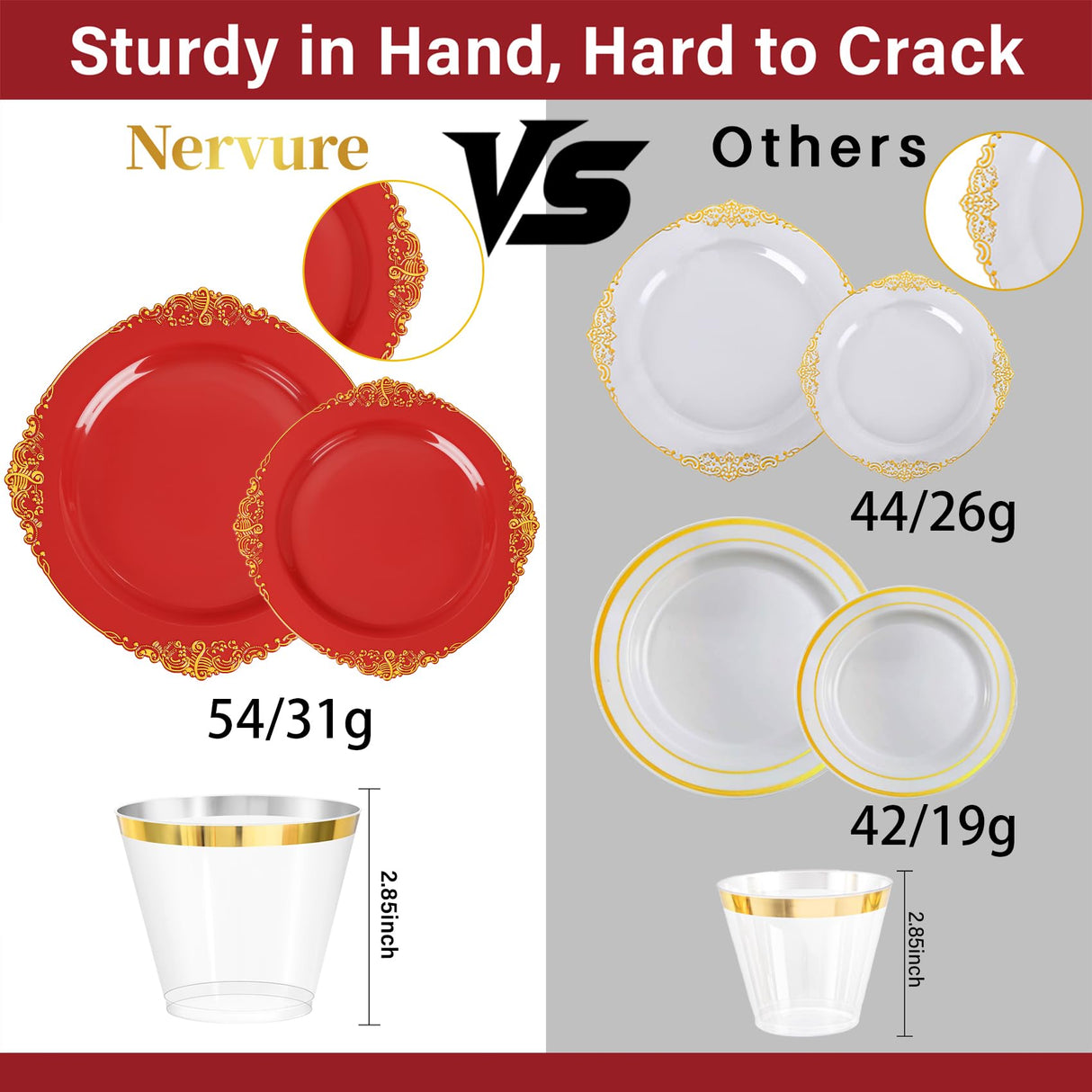 Nervure 350PCS Red Plastic Plates - Red Gold Plastic Dinnerware Sets for 50 Guests - 100 Gold Disposable Plates, 50 Pre Rolled Silverware Sets, 50 Cups Perfect for Wedding & Party & Christmas