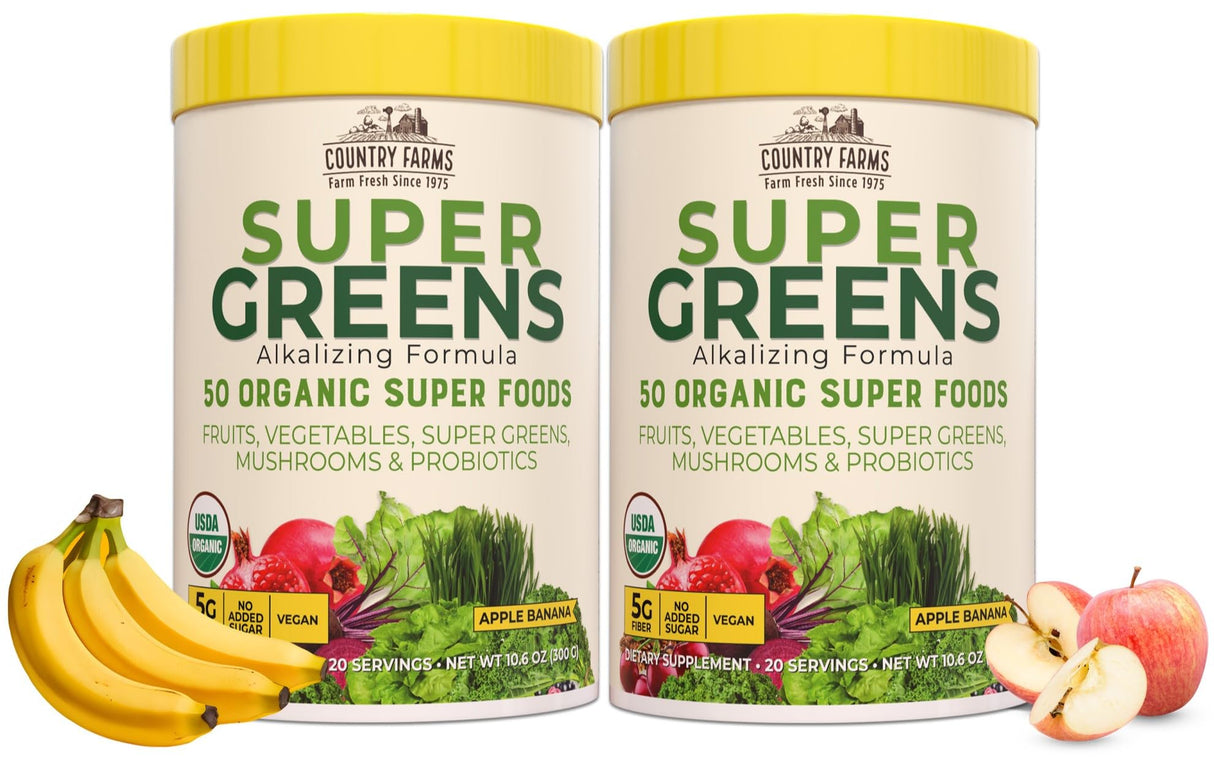 Country Farms Super Greens Apple Banana Powder Smoothie, Organic Super Foods, USDA Organic Drink Mix, Fruits, Vegetables, Mushrooms, Superfood Nutrition, 40 Servings, 2 Pack