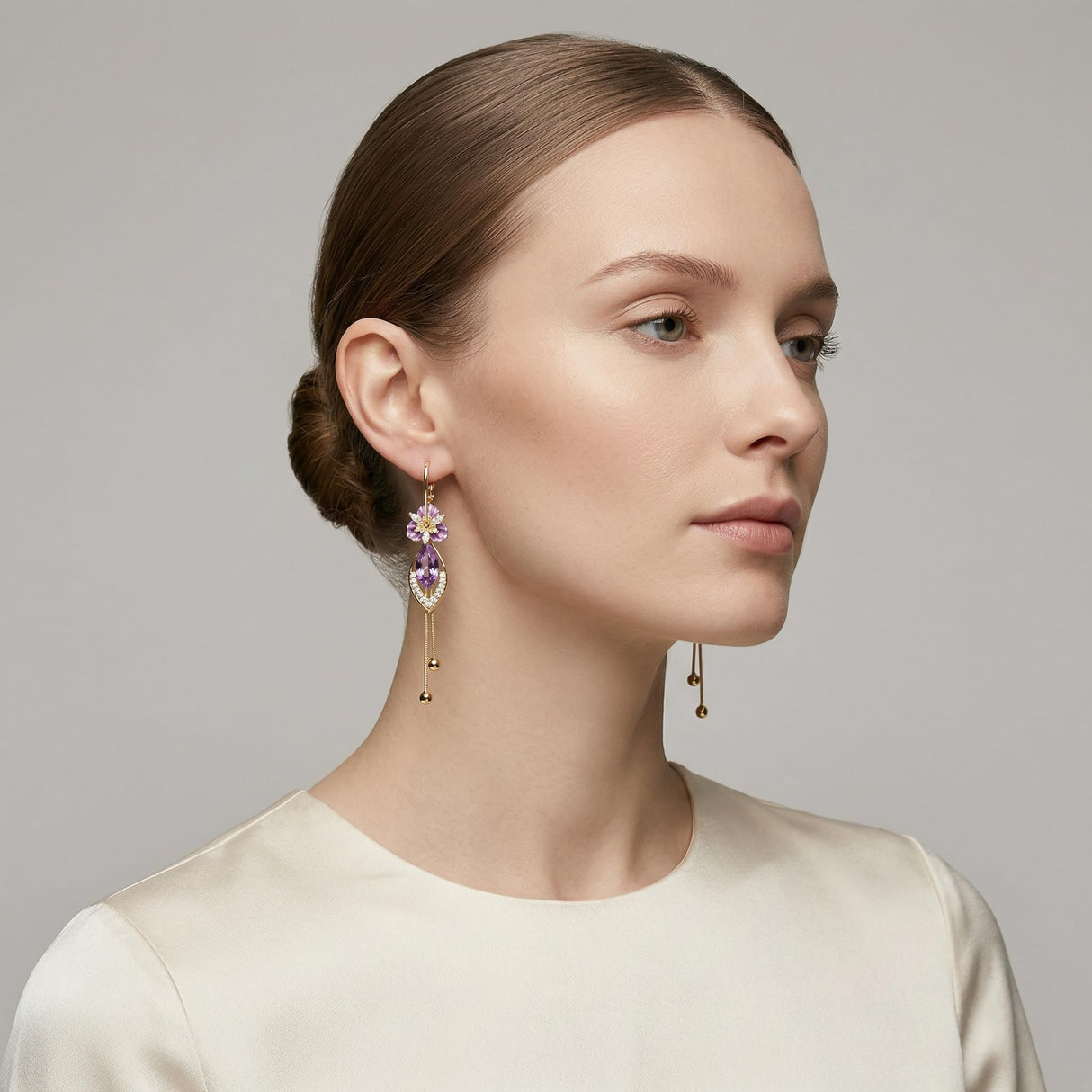 14K gold plated Purple Flower Dangle Chandelier Drop Earrings for Women Hypoallergenic Cubic Zirconia Elegant Statement Jewelry Gifts