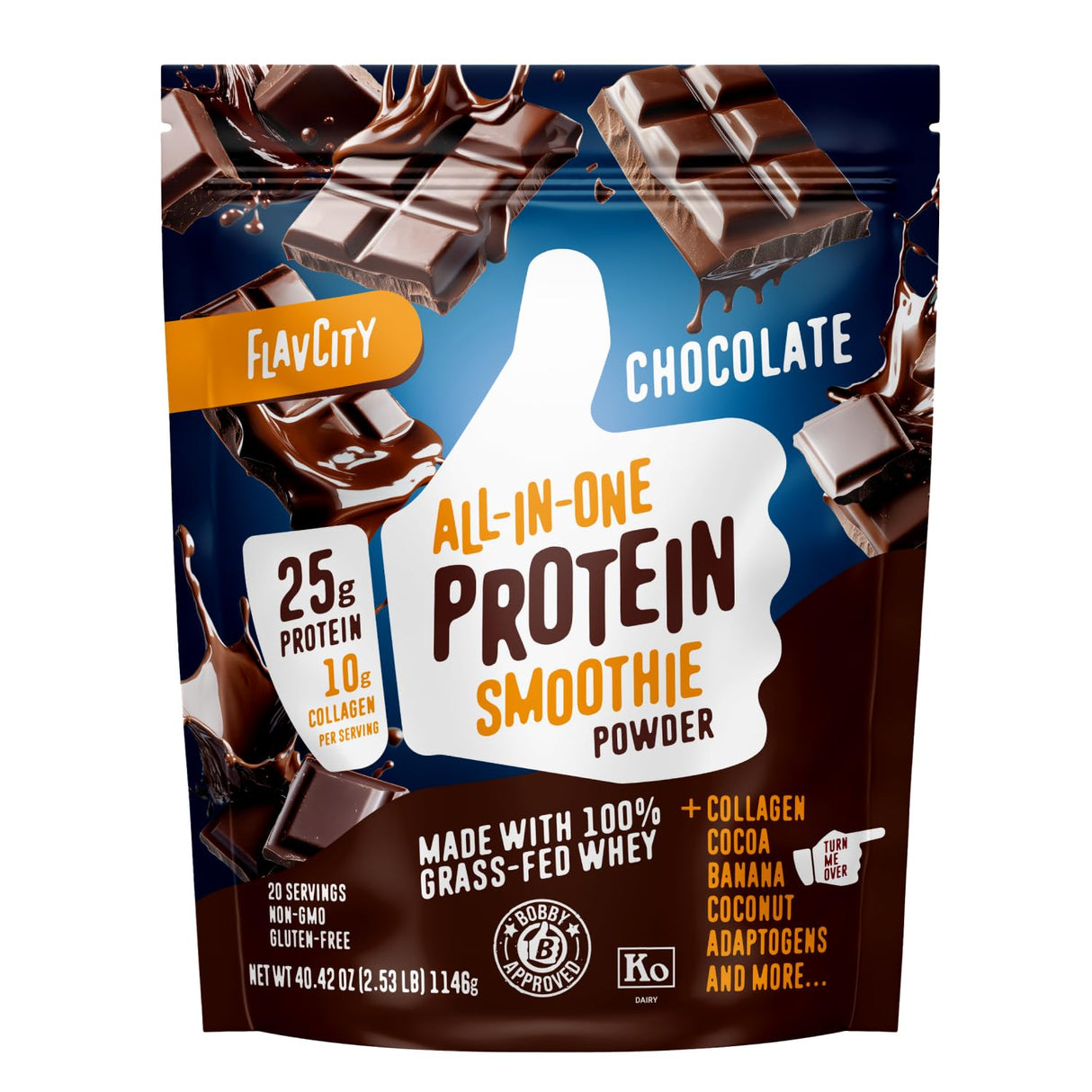 FlavCity Grass Fed Whey Chocolate Protein Powder - 25g Protein & 10g Collagen - Made with Organic Cocoa, Bananas & Coconut Milk - Gluten Free & No Added Sugars (20 Servings)