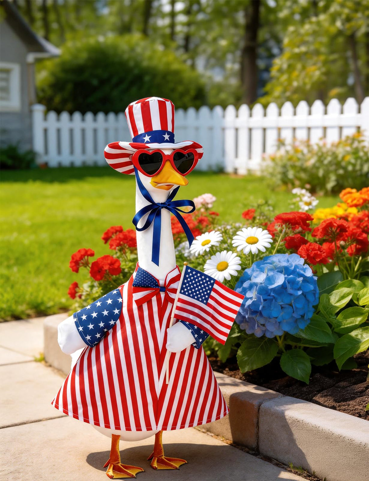 bomis Veterans Day Patriotic Porch Goose Outfits for 23 Inch Lawn Statue – Veteran Tribute Goose Costume with Red Heart Sunglasses, Star‑Striped Top Hat, Handheld American Flag