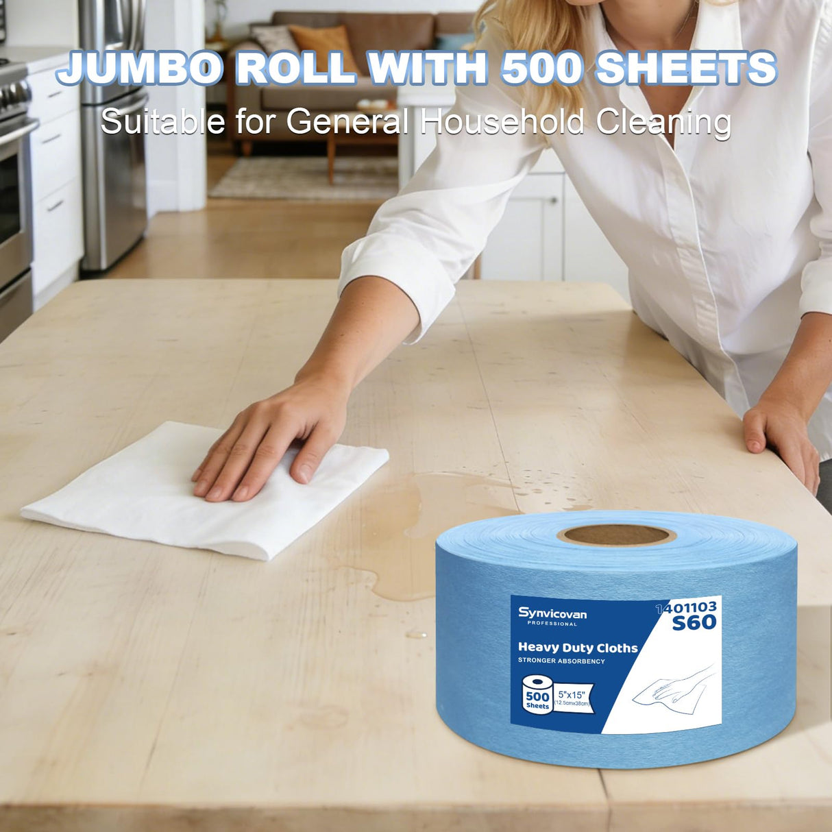 Synvicovan Cleanroom Wipes Heavy Duty Cloths, Lint-Free and Extra Absorbent Towels Jumbo Roll, Blue (15"x 5", 500 PCS)