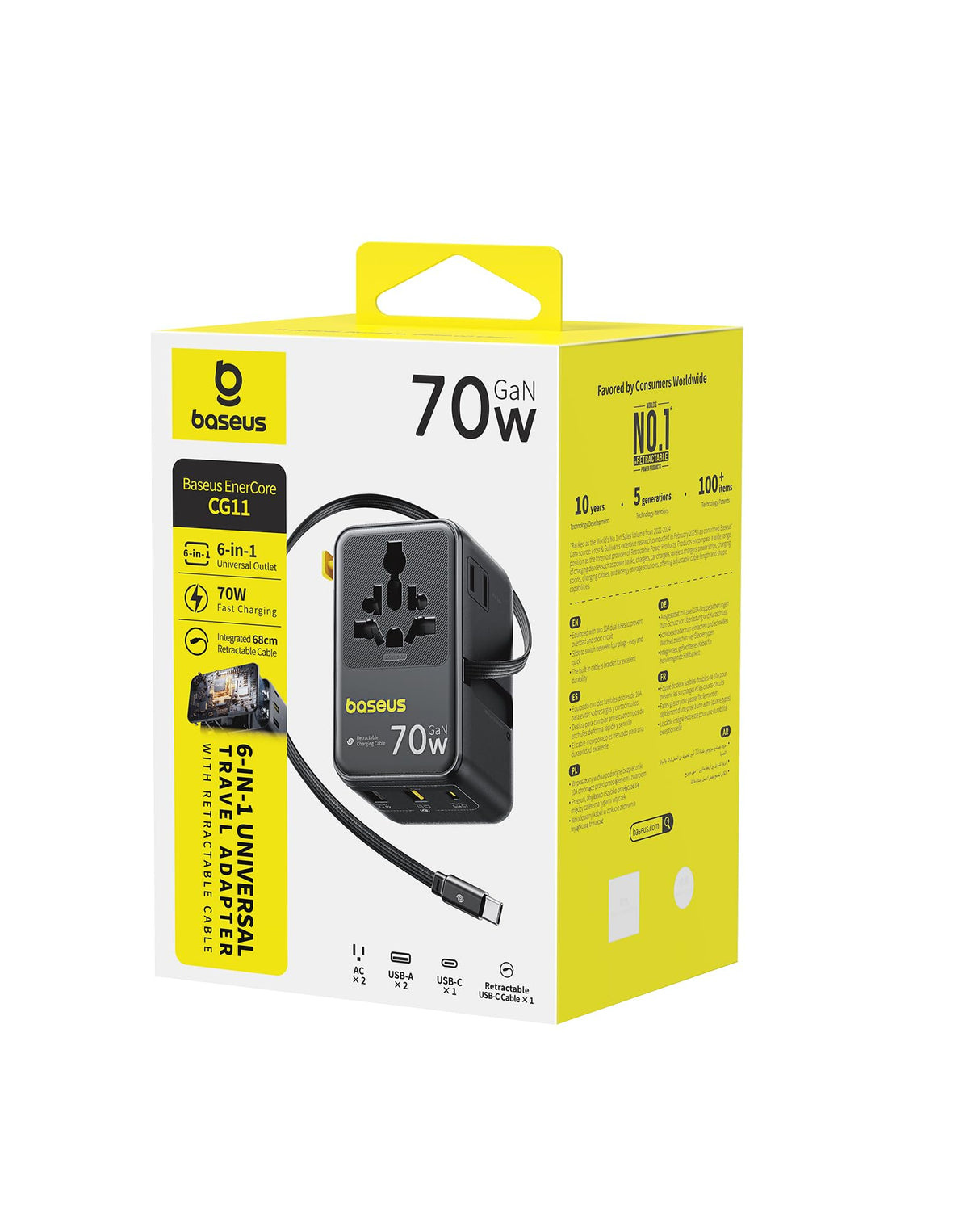 Baseus 70W Universal Travel Adapter, 6-in-1 International Plug Adapter with Retractable Cable, USB-C PD Fast Charging Worldwide Wall Charger for USA/EU/UK/AUS and Over 200 Countries - Enercore CG11