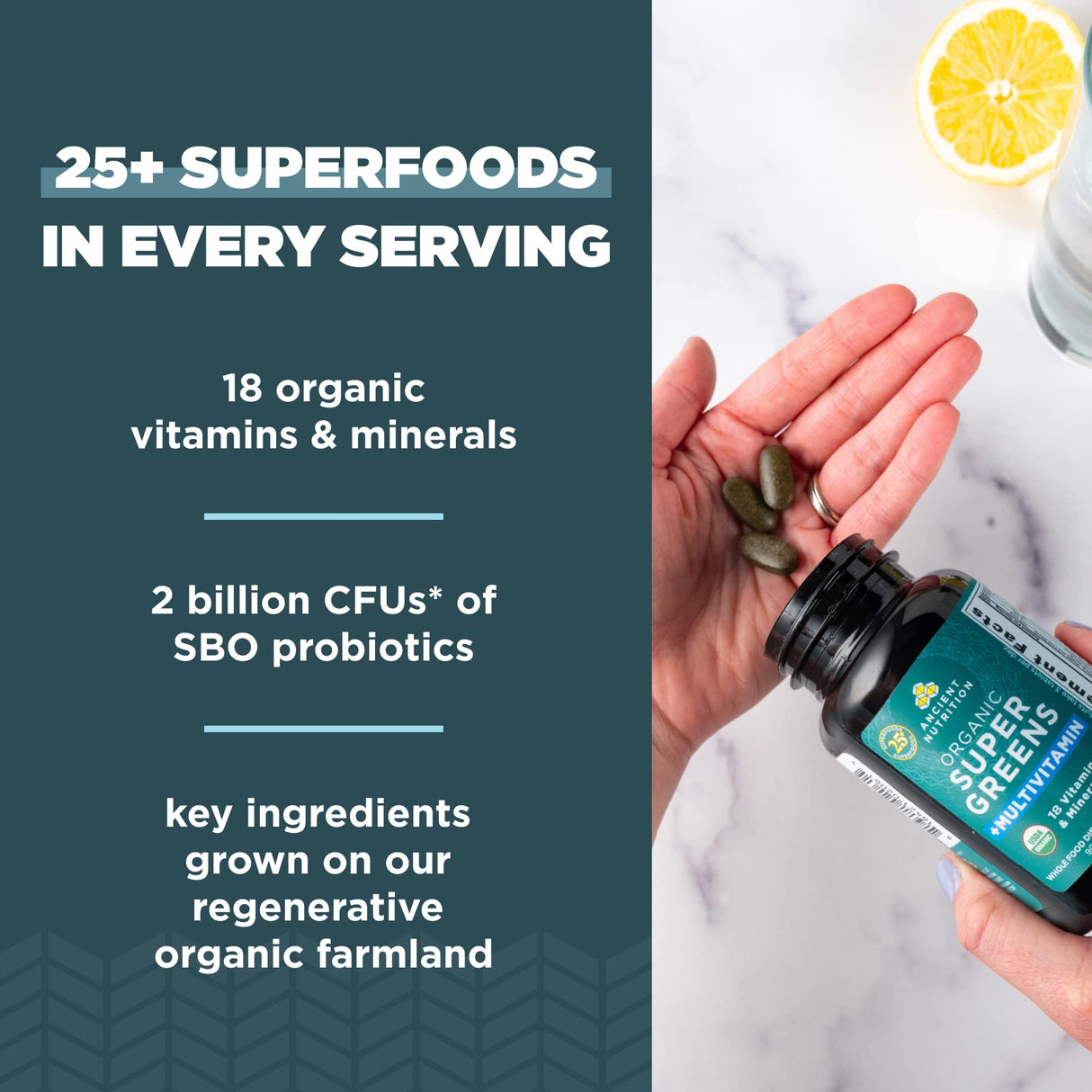 Ancient Nutrition Supergreens Multivitamin Tablets, Organic Superfood Powder with Multivitamins Made from Real Fruits, Vegetables and Herbs, for Digestive and Energy Support, 90 Count