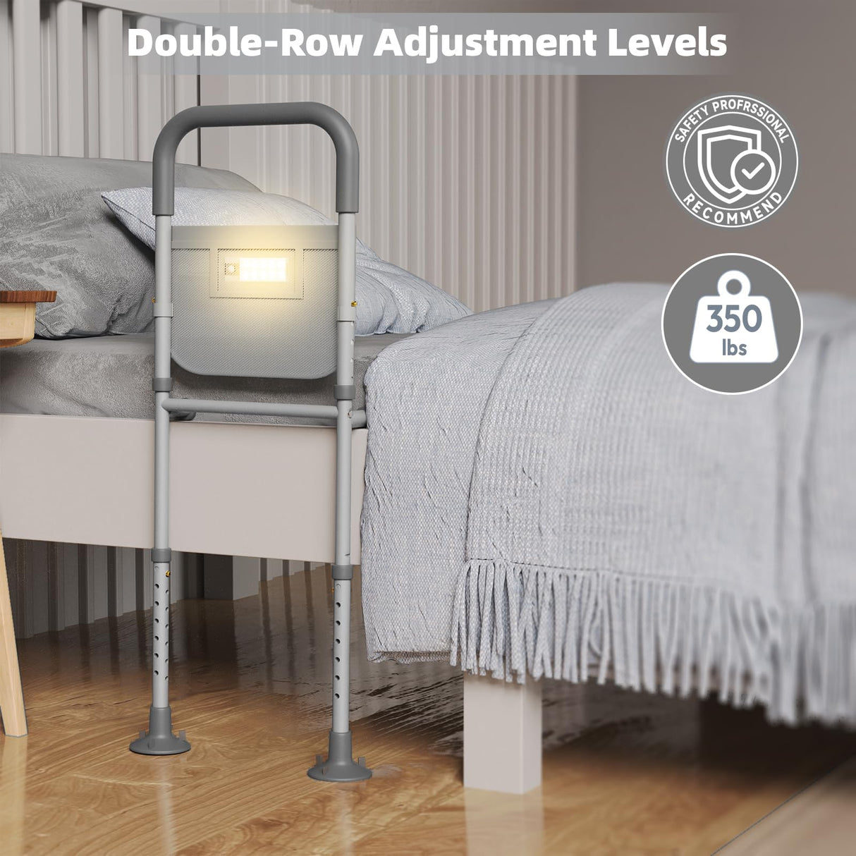 Bed Rails for Elderly Adults Safety: with Motion Sensor Light & Storage Bag -Adjustable Bed Assist Rail for Seniors - Side Bed Rail Handle Support Bar Guard Rails - Fit King Queen Full Twin Bed