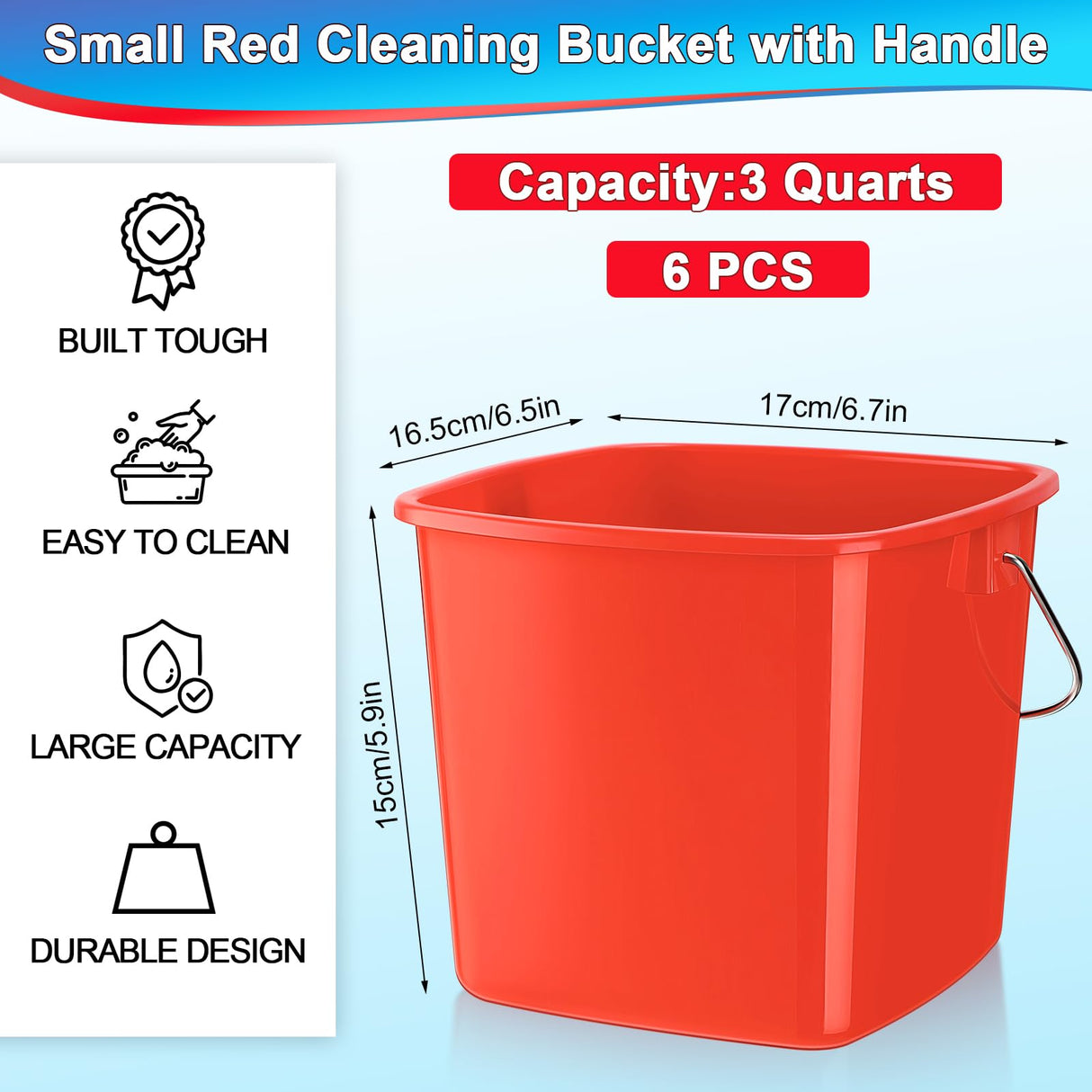 Zhehao 6 Pcs 3 Quart Bucket for Cleaning Small Sanitizer Bucket for Restaurant Square Plastic Pail with Handles for Home, Offices, Commercial Use, Food Service(Red)