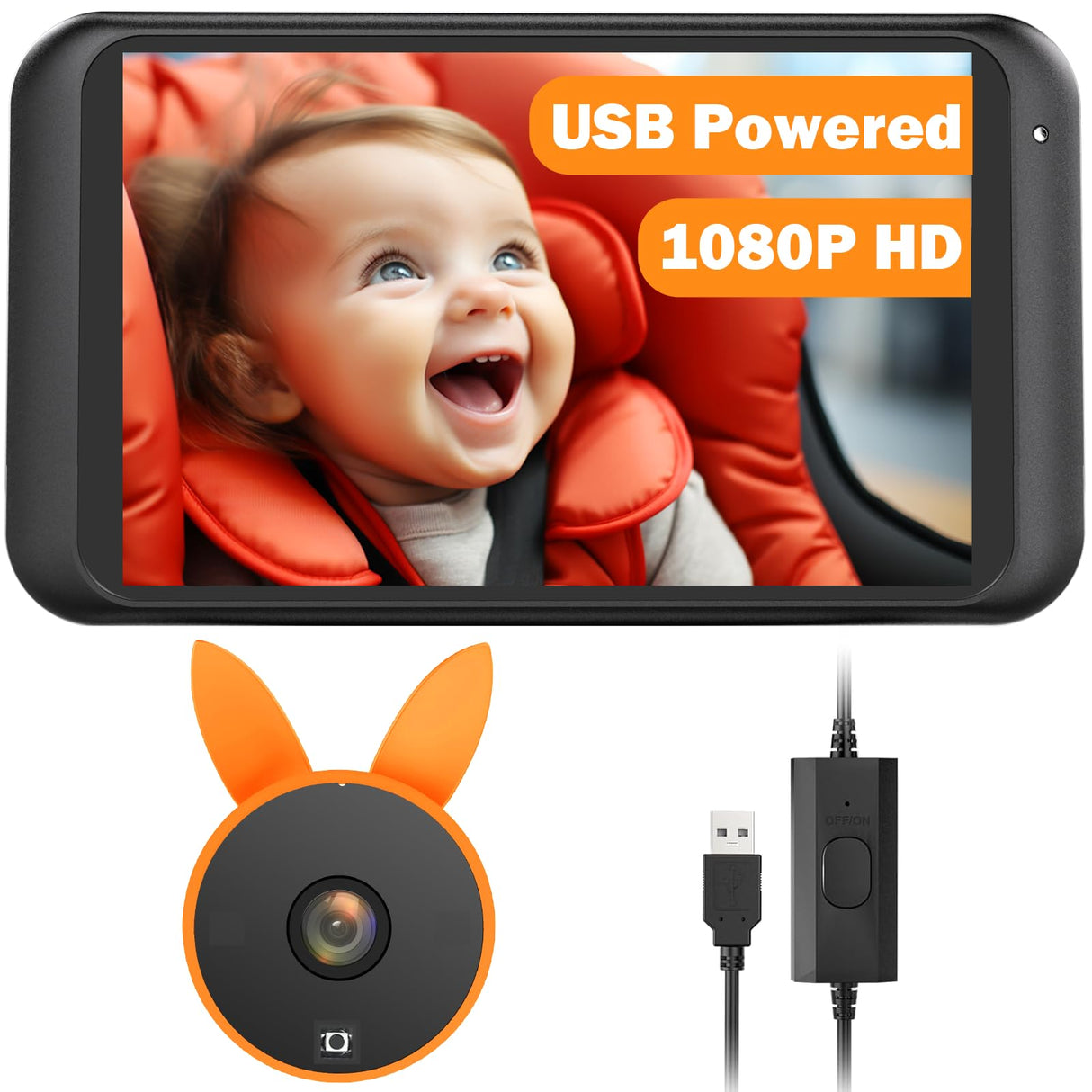 Babyvue USB Baby Car Camera Plug-Play, 4.5" 1080P Easy Setup Backseat Camera with Flexible 360 Rotation, Clear Picture Rear Facing Car Seat Baby Monitor