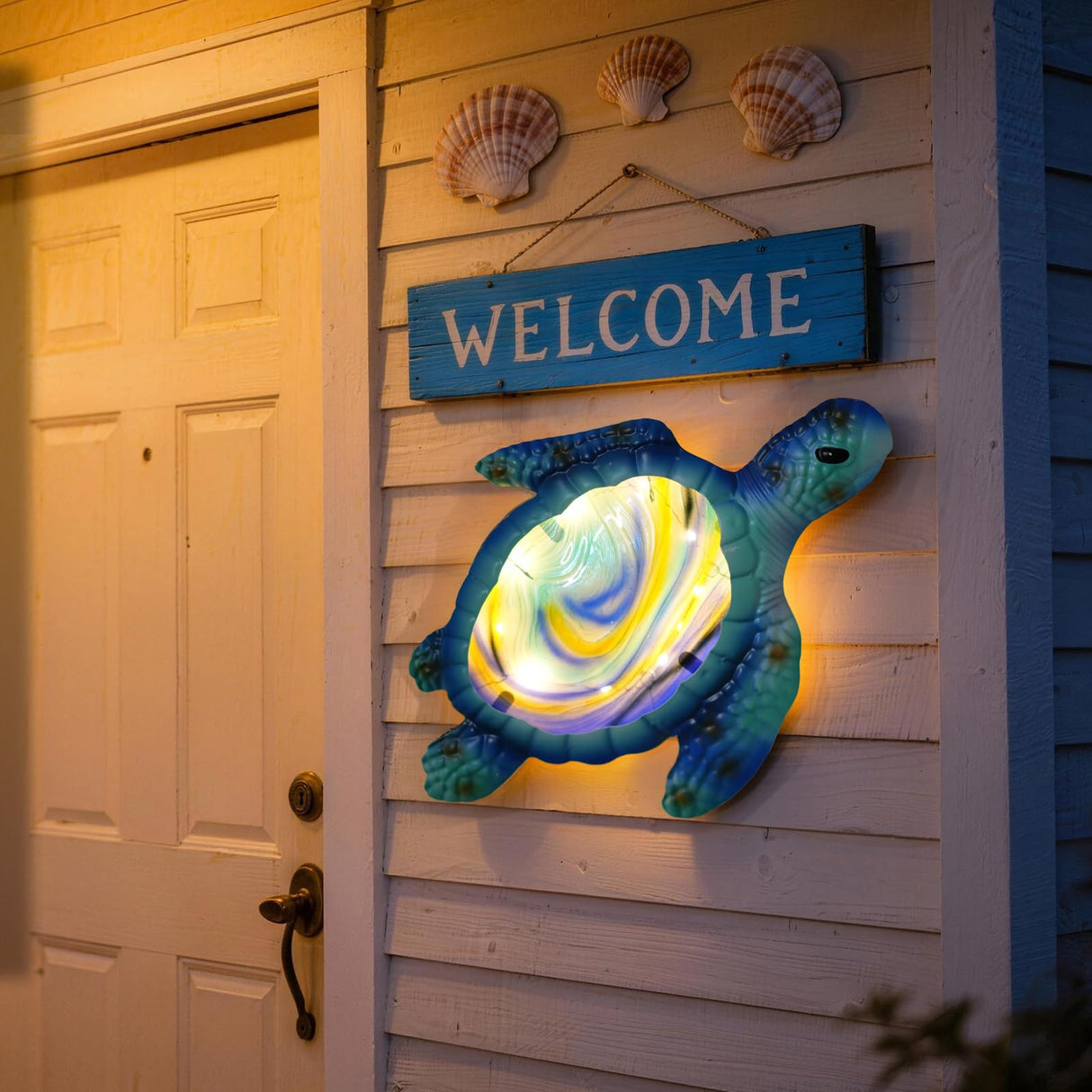 LIFFY Sea Turtle Decor Ocean Nautical Beach Wall Art Metal Glass Sea Turtle Bathroom Decor with LED Fairy Lights, 15" Indoor Outdoor Wall Art Sculpture for Patio,Pool,Beach,Garden,Yard,Home Gift