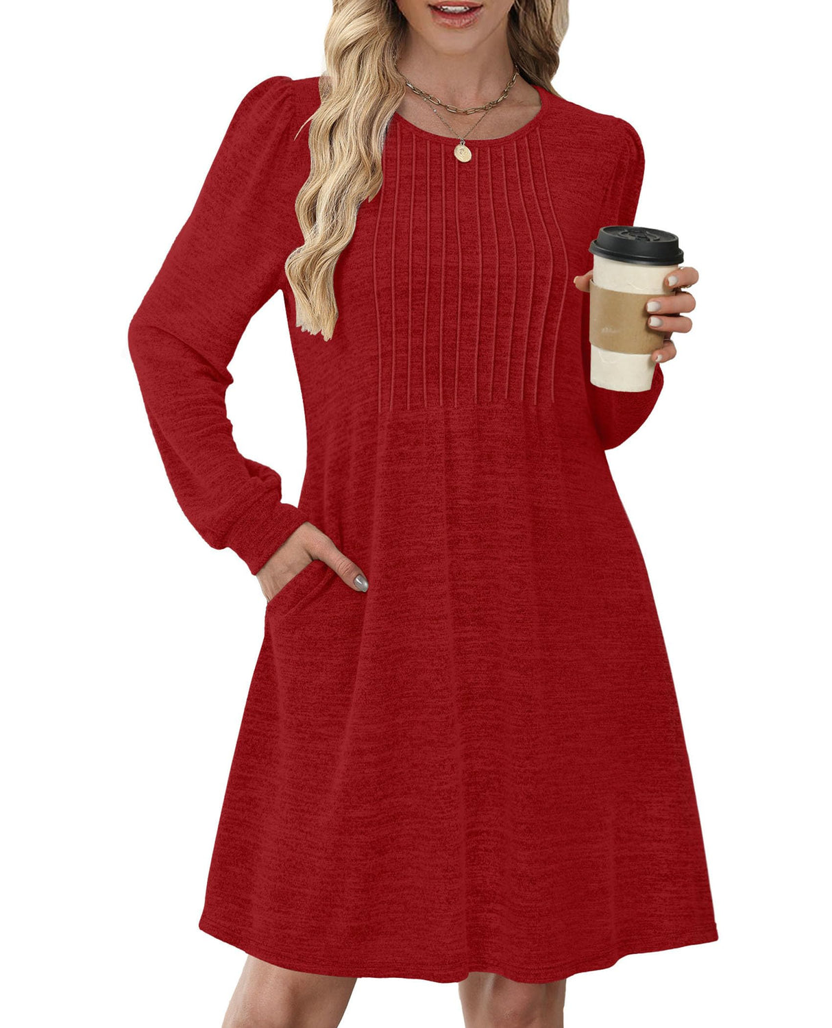 OFEEFAN Christmas Dresses for Women Sweater Dresses for Women 2025 Casual Long Sleeve Dress Pleated Fall Winter Dresses with Pockets Red L
