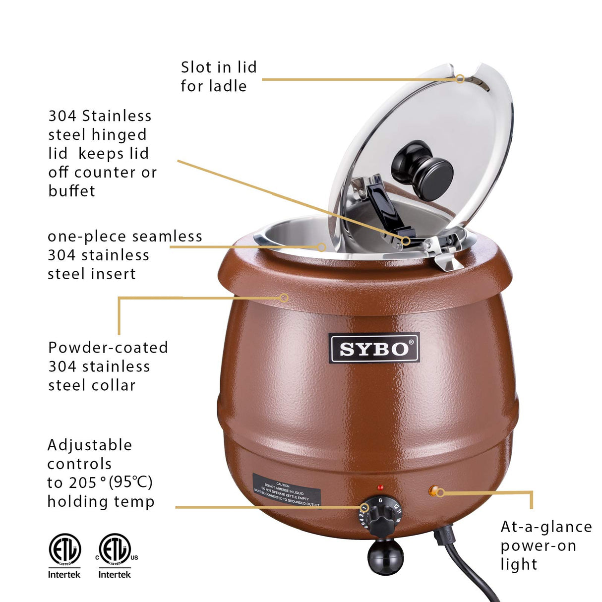 SYBO SB-6000-1G Commercial Grade Soup Warmer Kettle with Hinged Lid and Detachable Stainless Steel Insert Pot for Restaurant and Big Family, 10.5 Quarts, Ochre