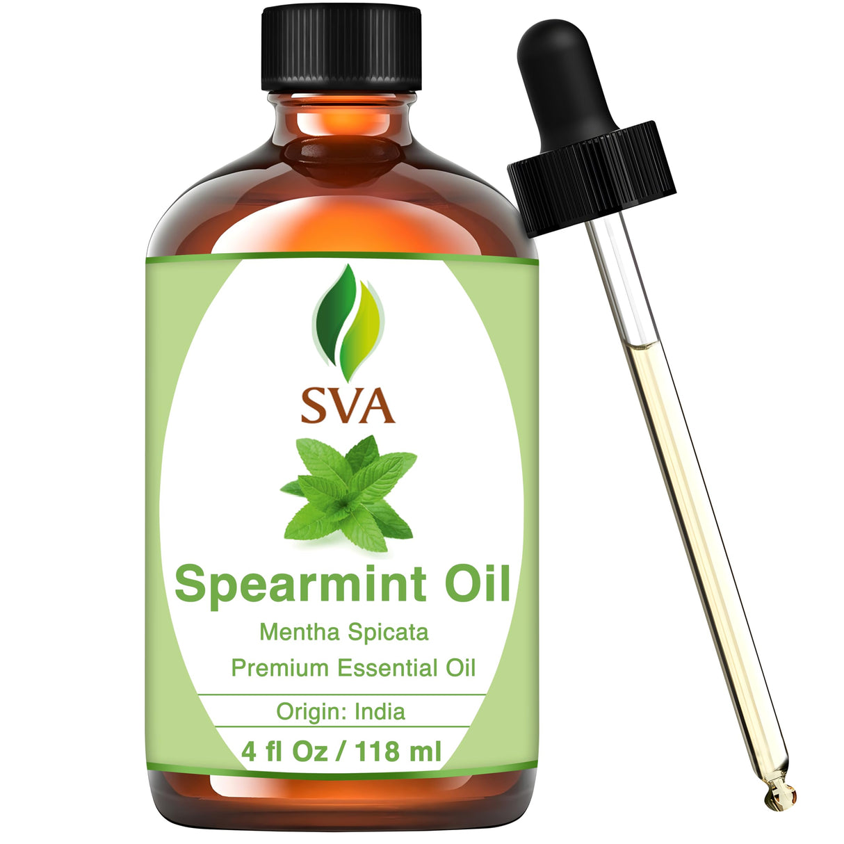 SVA Spearmint Essential Oil – 4 Fl Oz – 100% Natural Spearmint Oil - for Diffuser, Hair Care, Face, Skin Care, Aromatherapy, Scalp and Body Massage, Soap and Candle Making – with Dropper