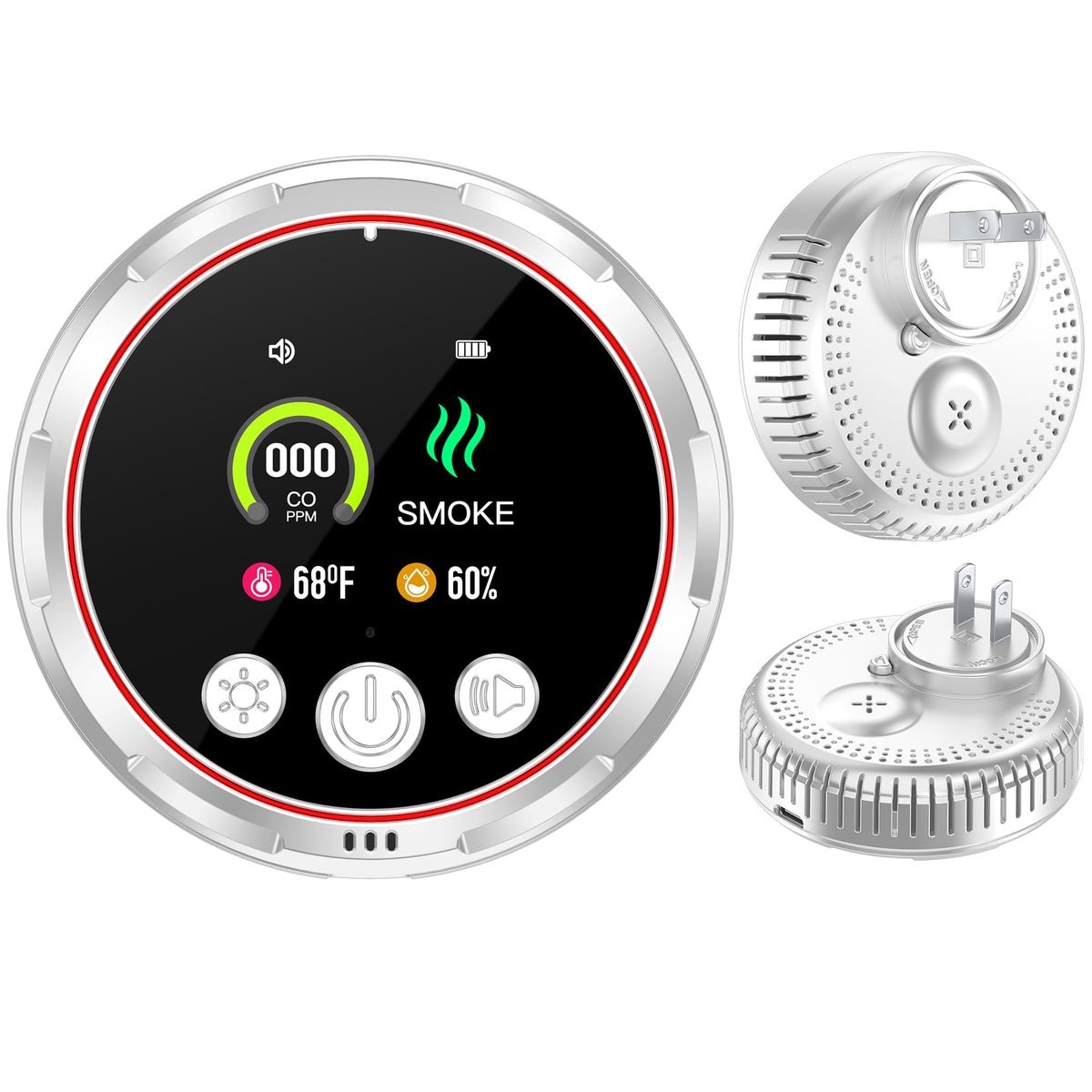 HAKINAKU 4-in-1 Plug-in Smoke & Carbon Monoxide Detector – Built-in 1000mAh Backup Battery, 85dB Alarm, Temp & Humidity Display (2-Pack)