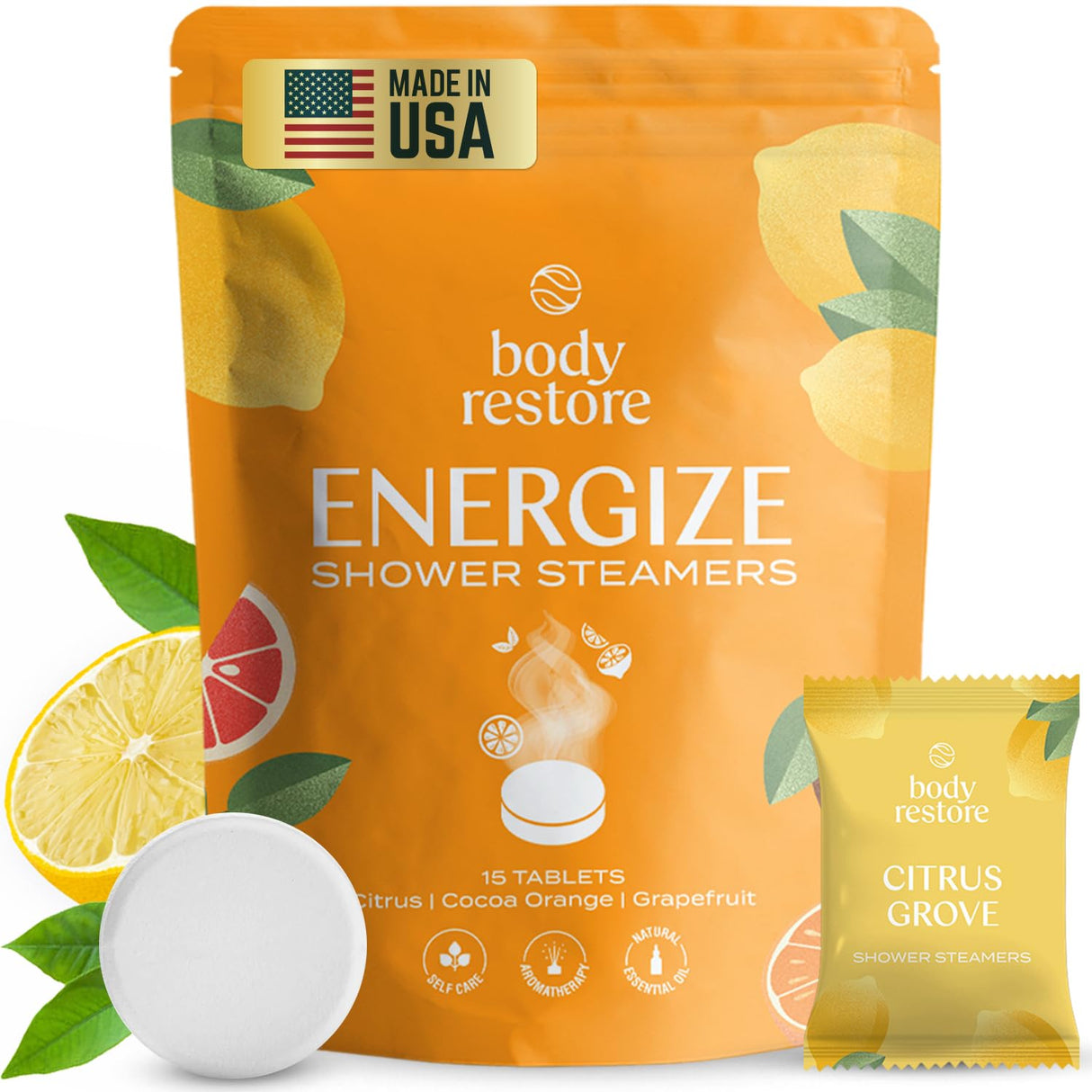 Body Restore Shower Steamers Aromatherapy 15 Pack - Christmas Stocking Stuffers for Men, Birthday Gifts for Women, White Elephant, Relaxation, Self Care - Citrus