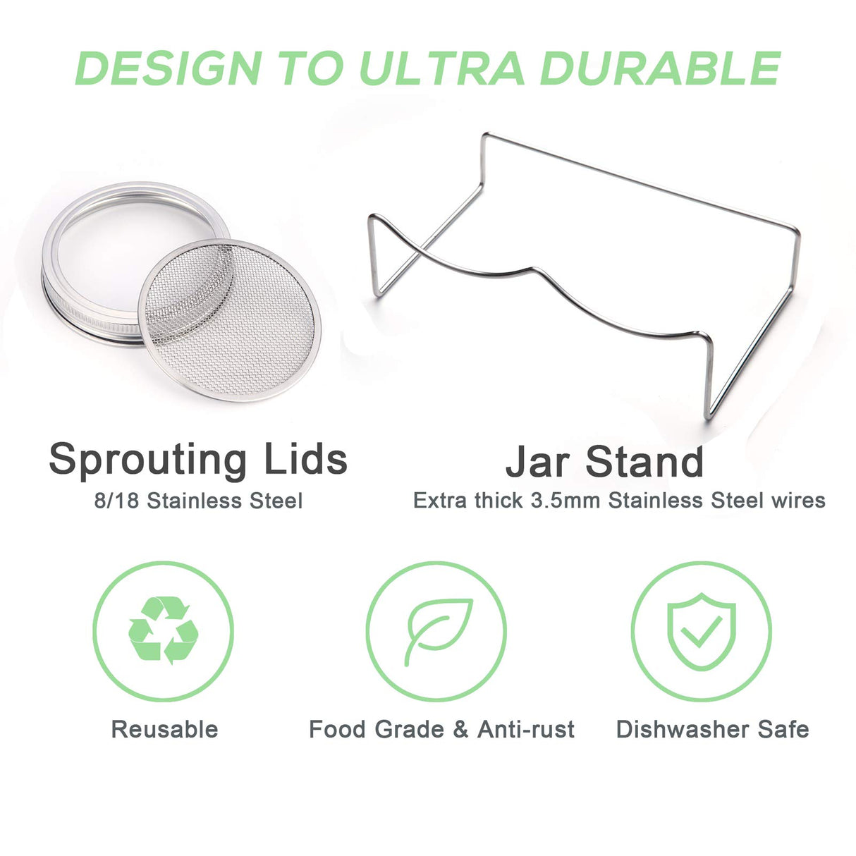 Sprouting Jar Kit-2 Wide Mouth Quart Mason Jars with 316 Stainless Steel Screen Sprout Lids, Drip Tray, Stand | Seed Sprouter Set for Growing Broccoli, Alfalfa, Mung Bean