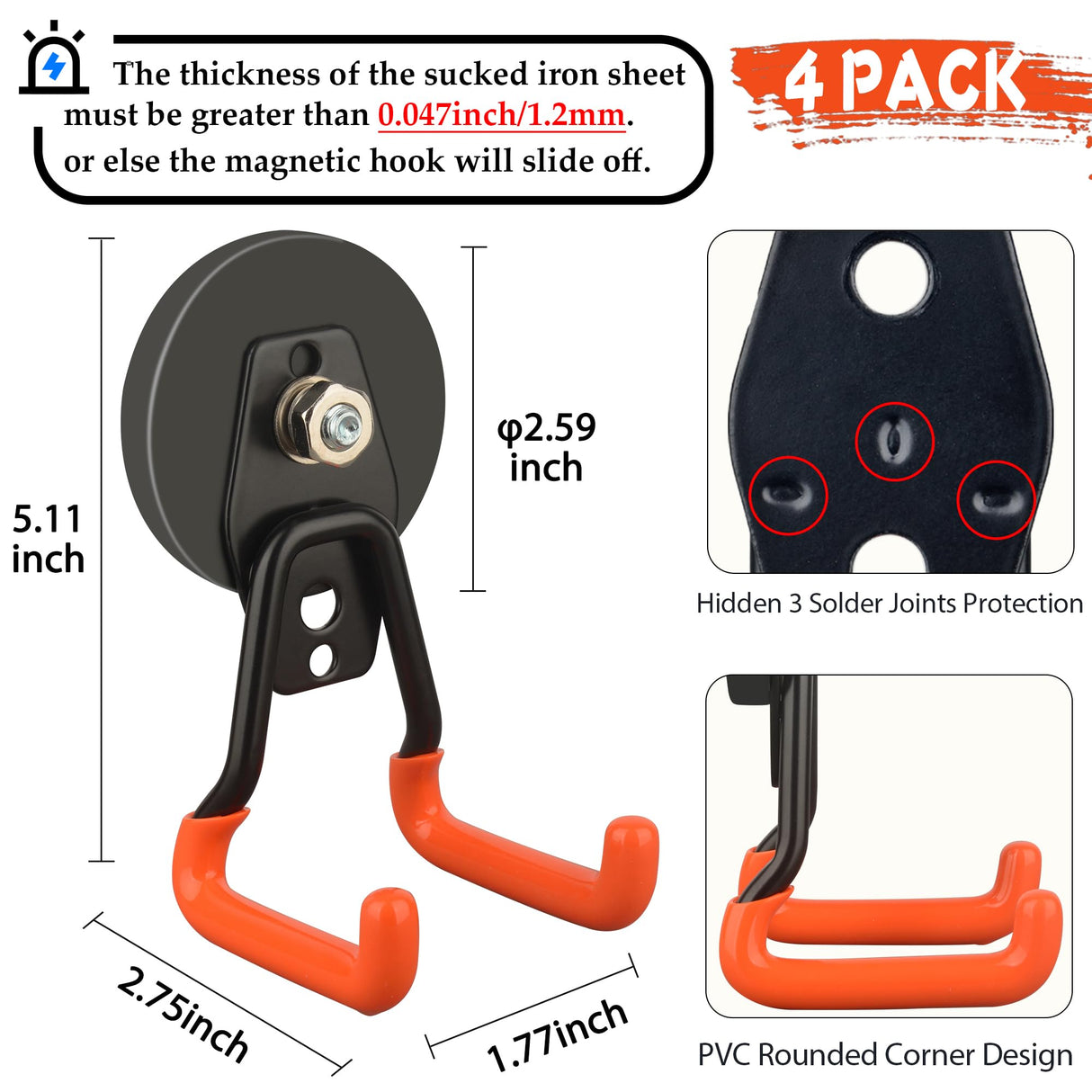 ULIBERMAGNET New Upgraded Heavy Duty Magnetic Garage Hooks,4 Pack Strong Large Magnet Hooks for Power Drill,Garden Tools,Hose,Pegboard,Garage, Workshop,Magnetic Storage Hook for Hanging(Orange)