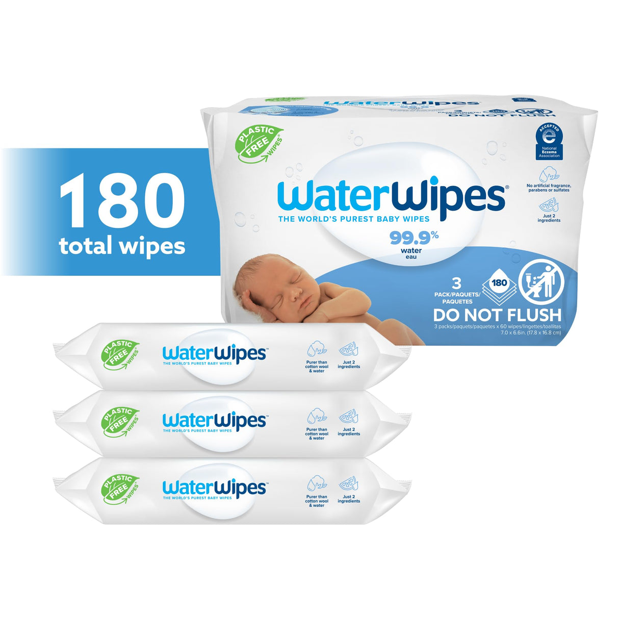 WaterWipes Plastic-Free Original Baby Wipes, 99.9% Water Based Wipes, Unscented & Hypoallergenic for Sensitive Skin, 1080 Count (18 packs)