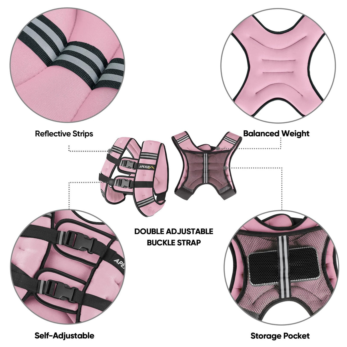 APEXUP Weighted Vest with 5lbs/10lbs/15lbs/20lbs/25lbs/30lbs Weights and Reflective Stripe, Weight Vest Men Women for Workout, Strength Training, Running (Pastel Pink, 15lbs)