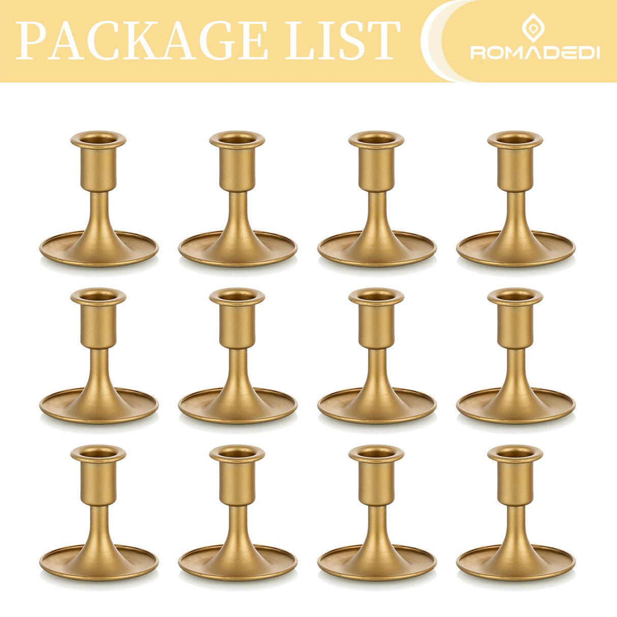 Candlestick Holders Taper Candle Holders, Romadedi Gold Candle Stick Candle Holder for Table Centerpiece, Wedding Reception, Festive Christmas Mantel Decoration or Home Decor, Set of 12
