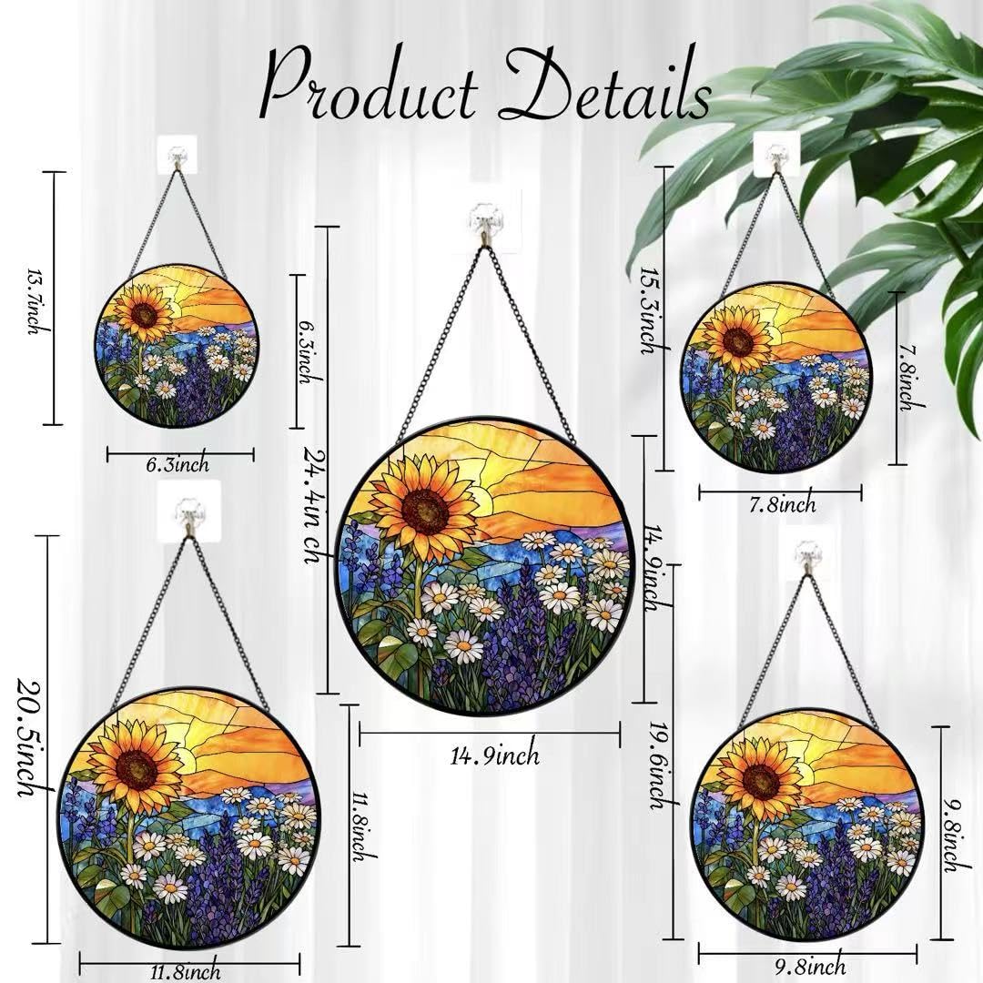 Argodaze Stained Glass Window Hanging - Sunflowers, Daisies, Lavender and Sunset 6.3 Inches Suncatcher for Garden Home Decor for Women Mom Grandma Friends