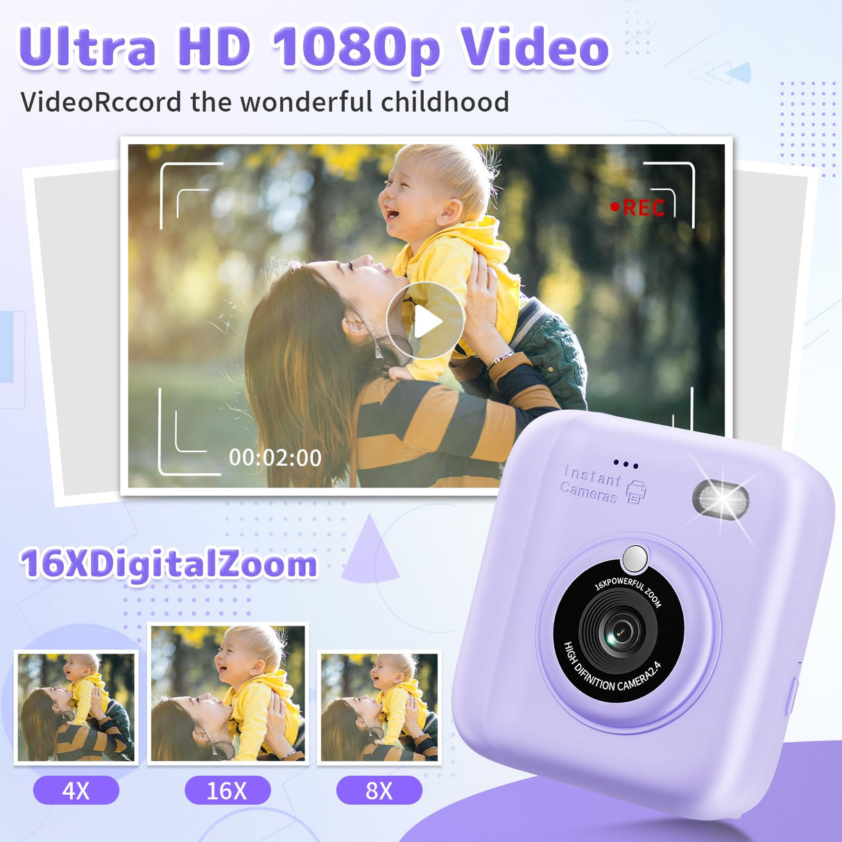 Instant Print Camera for Kids, Christmas Birthday Gifts for Girls Boys, 1080P Instant Digital Print Cameras for Toddler,Portable Toy for 4 5 6 7 8 9 10 Year Old Girl with 32GB SD Card,Purple