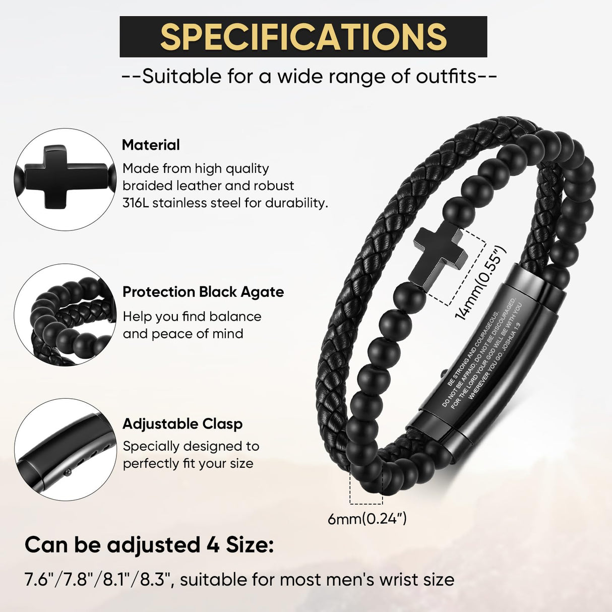VNOX Mens Bracelet for Men - Double-Row Black Braided Leather Bracelets for Men,Stainless Steel Cross Bible Verse Jewelry with Black Onyx Beads Bracelets Religious Gifts for Christian,4