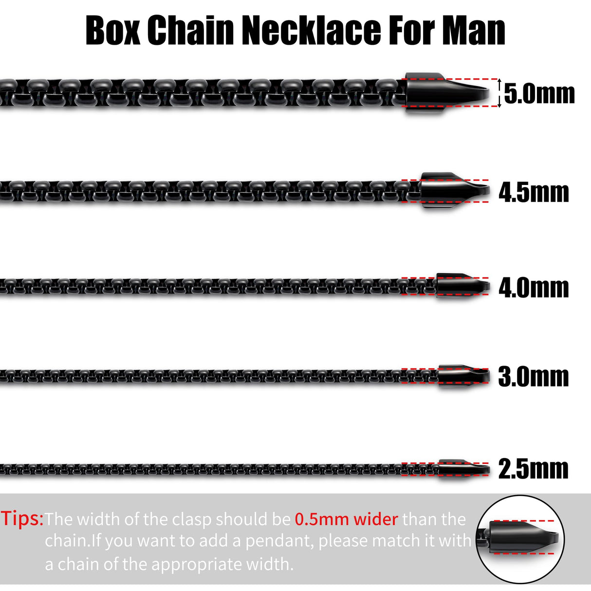 Fiusem Black Chain for Men, 3mm Stainless Steel Necklace for Men and Women, Box Chain 24 Inches