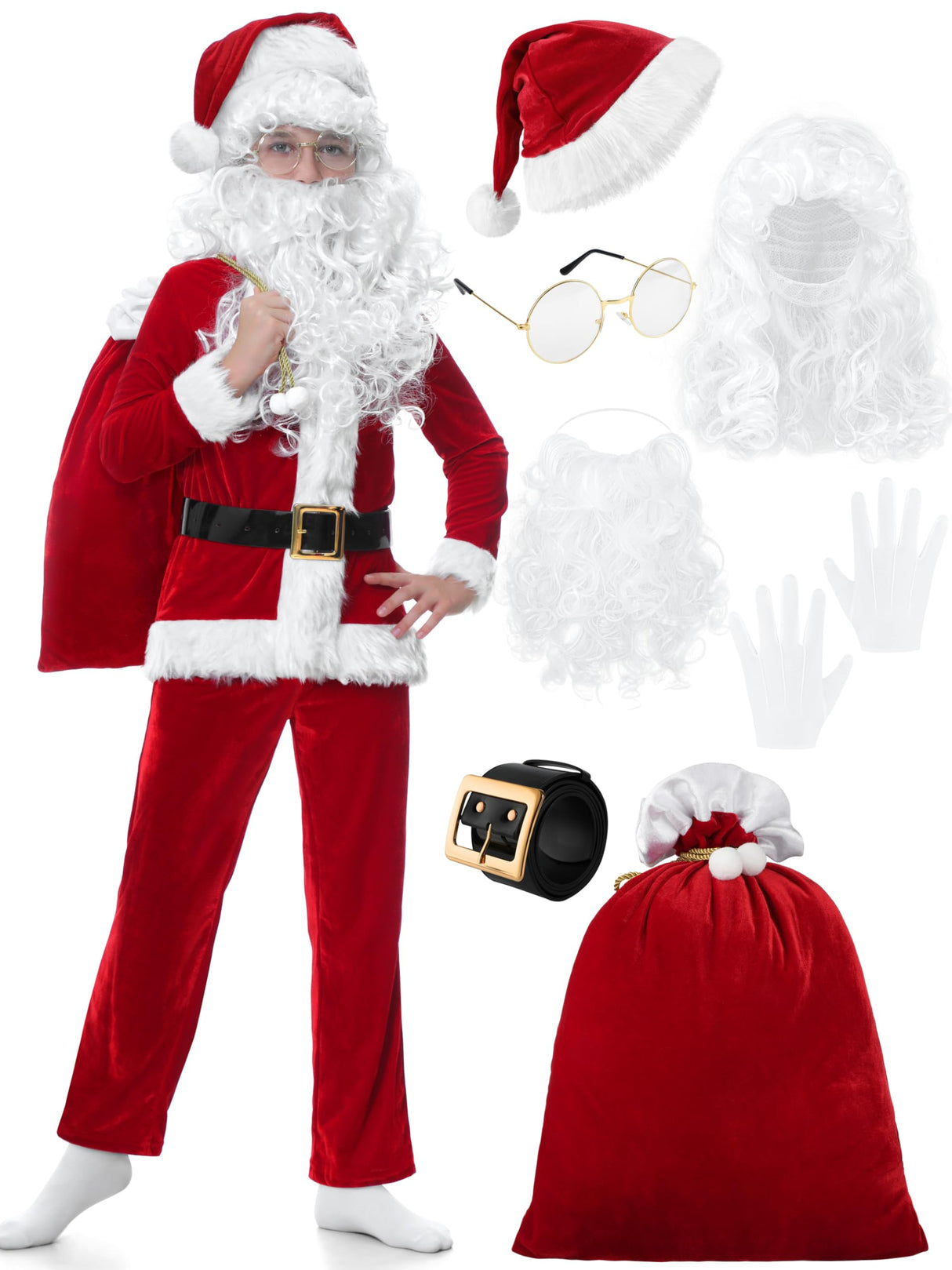 FancyFun Santa Claus Costume for Kids, 9PCS Boys Christmas Suit Kids Santa Costume Outfit Velvet For Boys Christmas Cosplay, 8-10Years