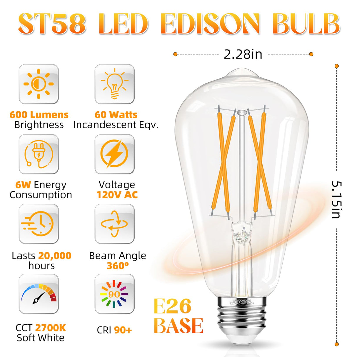 GvvooHome Edison Bulbs, E26 LED Bulb 60 watt Equivalent, Non-Dimmable, Soft White 2700K, ST58 Vintage Light Bulbs, 90+ CRI, 6W 600LM, E26 Medium Base, Clear Glass, 12 Pack