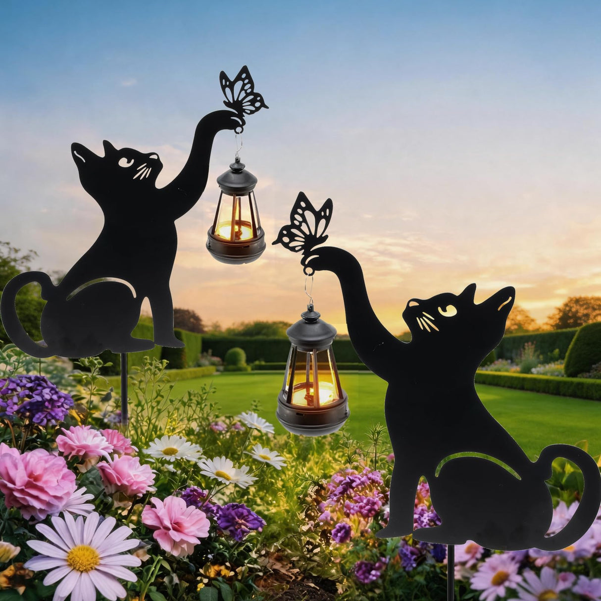 CabyGift Black Cat Solar Lights Outdoor, 2 Pack Waterproof Solar Cat Garden Stakes with Butterfly Decorative, Metal Cat Yard Decor for Patio, Lawn & Pathway, Cat Lover Gifts for Women Mom (2 Cat)