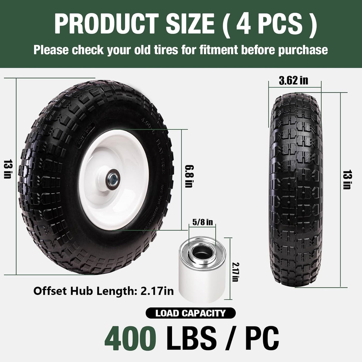 Taifa 4 PCS 13 Inch Solid Flat Free Replacement Tires and Wheels 4.00-6 with 5/8'' Bearing and 2.17'' Offset Hub, Air Less Wheel for Wheelbarrow/Wagon/Hand Truck/Trolley/Garden Scooter etc.