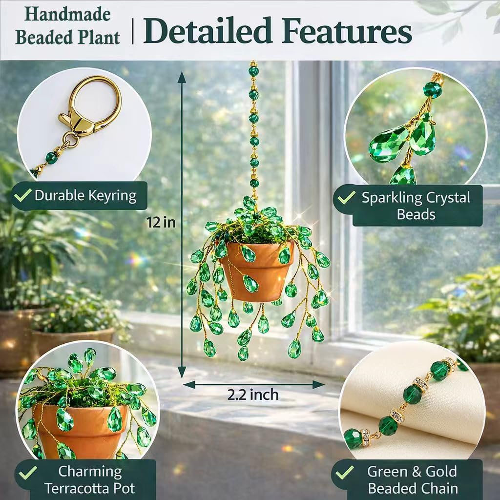 Sun Catchers Indoor Window, Beaded Plant Kit Gifts for Plant Lovers Beaded Succulent Plants Green Waterdrop Beads Suncatchers for Windows Hanging with Chain Home Garden Décor Car Hanging Ornament