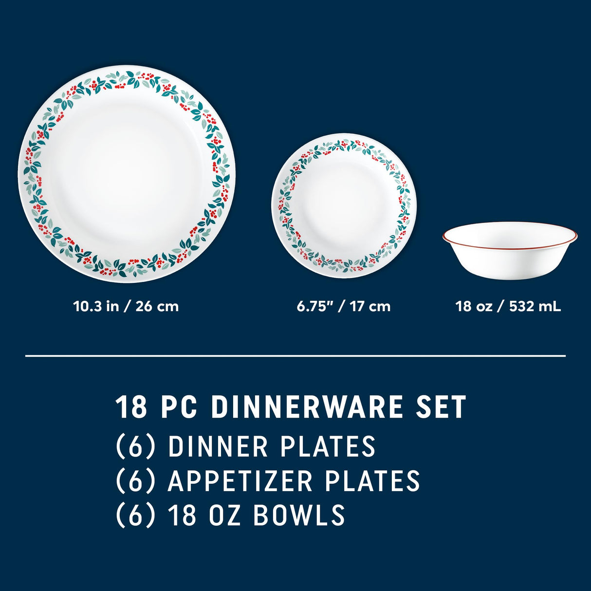 Corelle Vitrelle 18-Piece Christmas Service for 6 Dinnerware Set, Triple Layer Glass and Chip Resistant, Lightweight Round Holiday Plates and Bowls Set, Be Merry