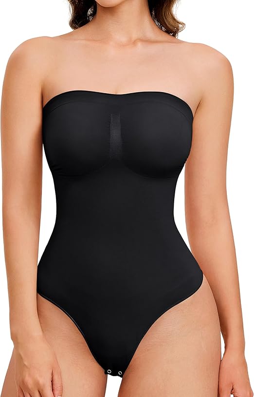 Strapless Thong Bodysuit for Women Seamless Tummy Control Shapewear Body Shaper -Removable Strap Tube Top Leotard