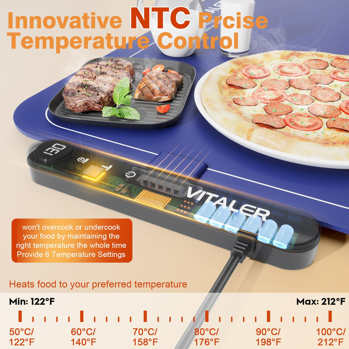 Vitaler Warming Mat for Food, (XXL 35”x16”) Electric Warming Trays, Upgrade Graphene Fast Full-Surface Heating Mat for Food with 6 Level Temp, 6 Hours Timer, Food Warmer Pad with Heat-Insulating Mat