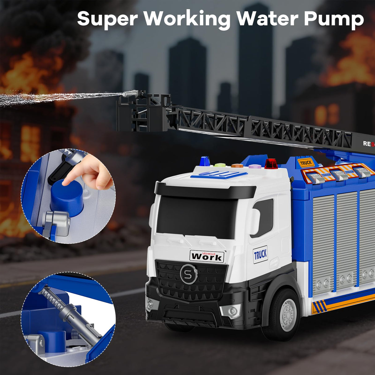 3-in-1 Large Fire Truck Toy with Garage & 6 Cars, Water Pump, Extendable Ladder, Lights & Siren Sounds, Fire Rescue Truck Vehicle Toy for Boys Girls 3+, Christmas Birthday Gift